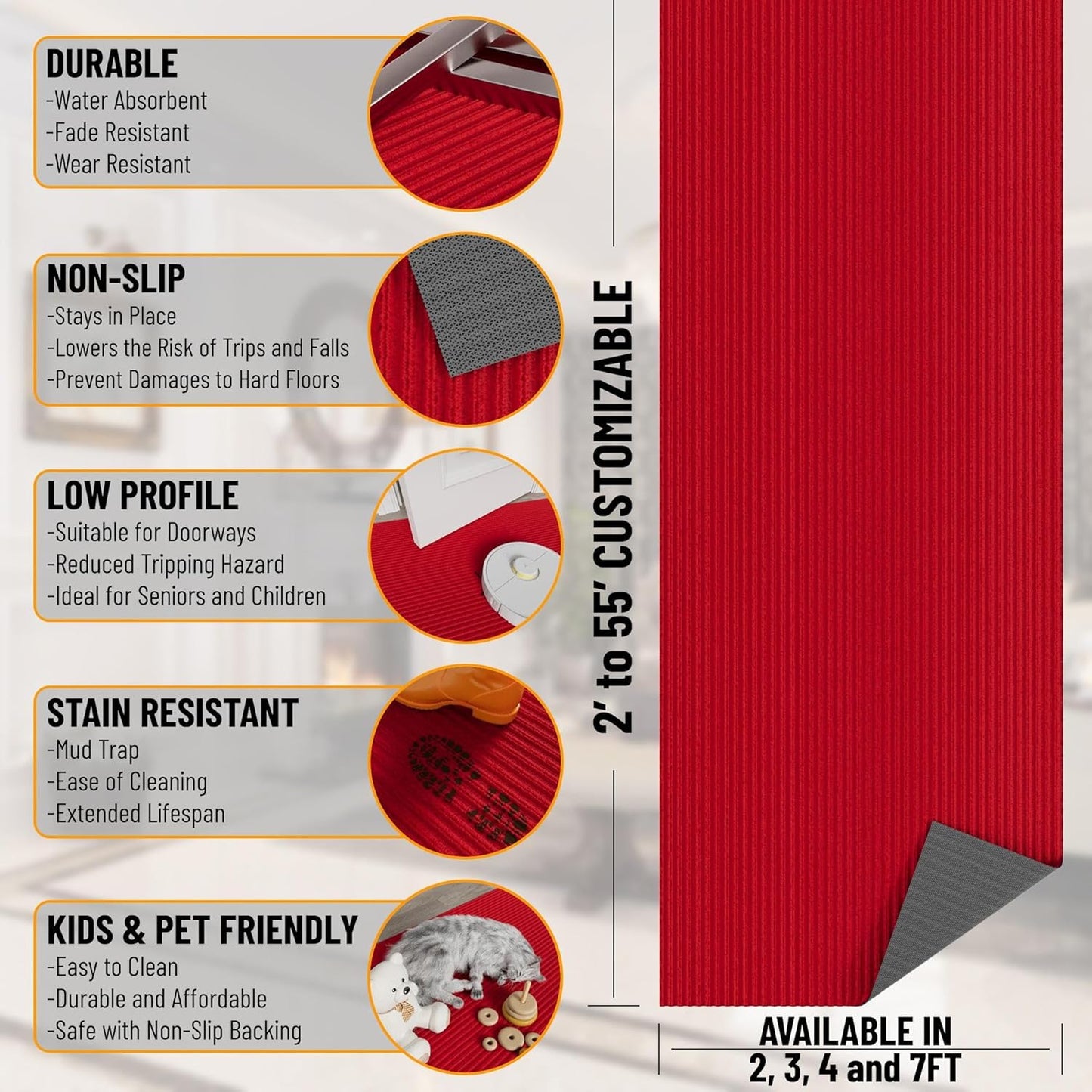 Ottomanson 2' x 16' Hallway Runner with Scraper Pile - Extra Durable Non-Slip Rug Mat for Indoor & Outdoor Use - Ideal for Kitchen, Entryway, Patio & Garage - High-Traffic Carpet, Red