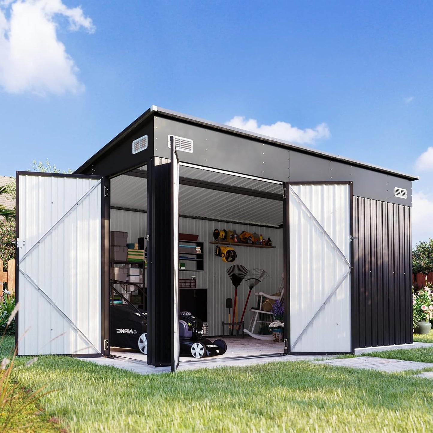 Aoxun 11.5’x7.5’ Shed Outdoor Storage Shed with Triple Lockable Door Metal Storage Cabinet with Slopping Roof for Tools Bicycles Storage for Garden, Patio, Courtyard
