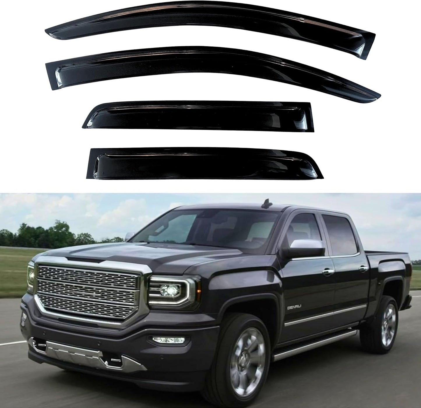 KPY Window Visor for 2014-2018 GMC Sierra & Chevrolet Chevy Silverado 1500, 2500HD 3500HD 2015-2019, 4PC Rain Guards Tape-On Style, 2014 2015 2016 2017 2018 2019 (Crew Cab Only)