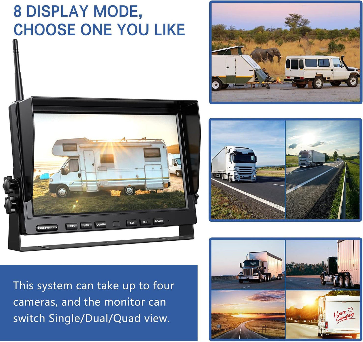 10'' 1080P Wireless Backup Camera System, 10 Inch DVR Quad Split Monitor Wireless Rear Side View Cameras, IP69 Waterproof Digital Signal Record System for RV/Truck/Trailer/Camper-BW104SL