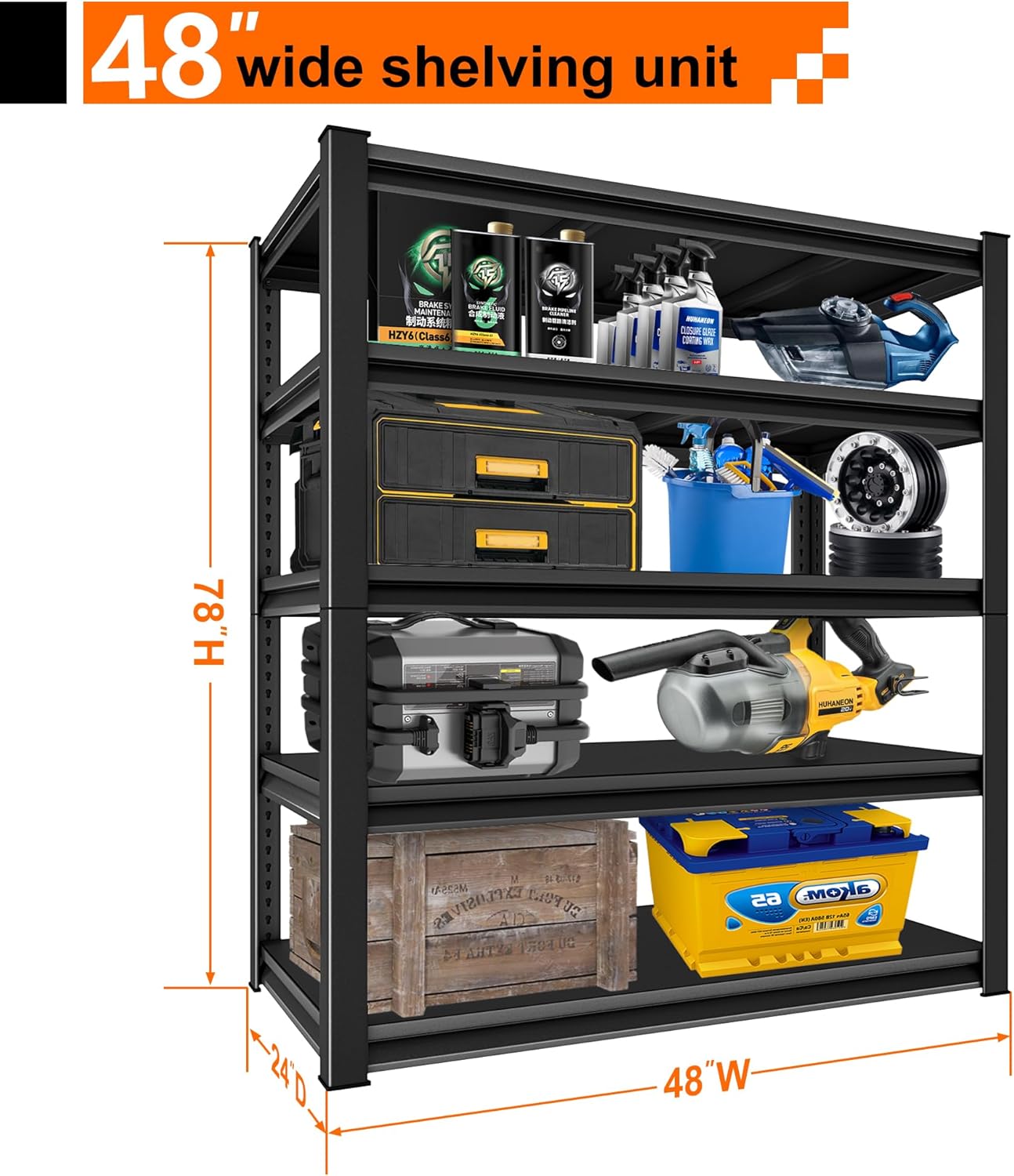Heavy Duty Shelves, 48'W24'D78'H, 5-Tier Metal Shelves, 3000LBS Loads, Adjustable, Black, For Garages, Warehouses