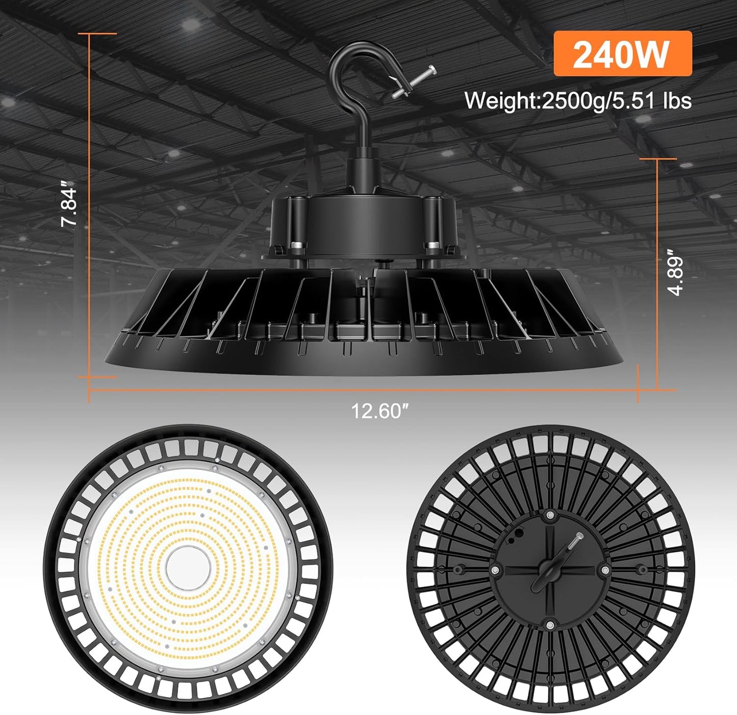 6Pack LED High Bay Lights, Super Bright 240W UFO High Bay LED Shop Lights, 36000LM 5000K, 0-10V Dimmable, 5' Cable Plug, IP65 Waterproof, ETL Listed Plug & Play Lighting for Gym Factory Warehouse