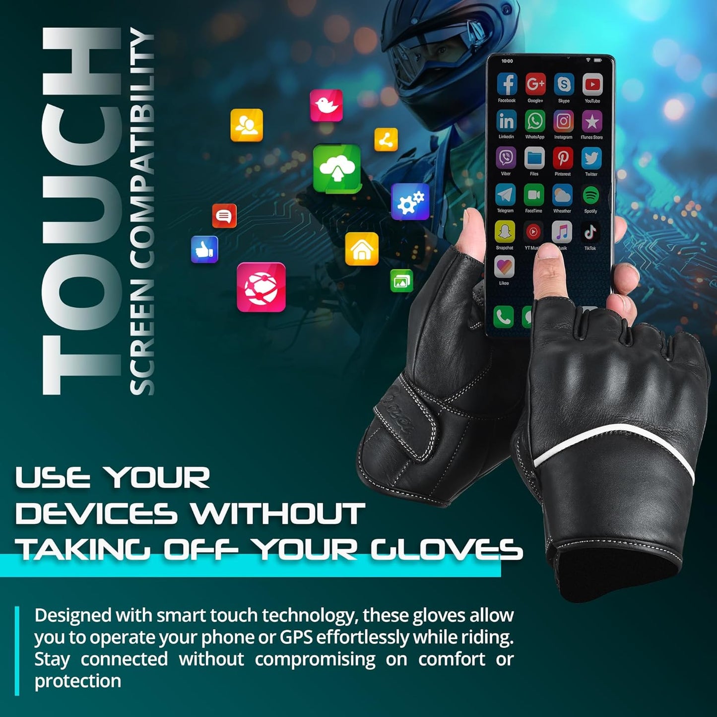 aasportx Motorcycle Gloves - Men's Leather Motorbike Gloves with Touchscreen Function - Non-Slip Pads for Men & Women