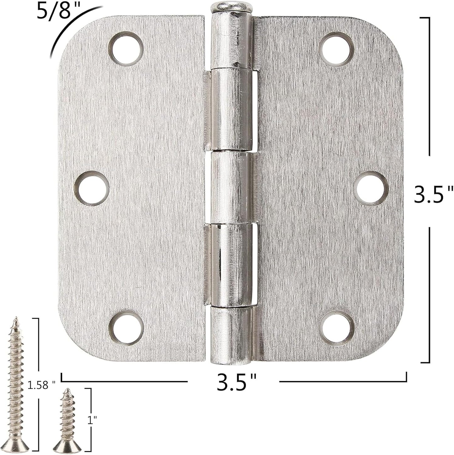 12 Pack Brushed Nickl Door Hinges 3.5 Inch x3-1/2 5/8 Radius Round Interior Hinge 3 ½" Satin Silver Heavy Duty Steel Iron Hardware for Bifold Standard Doors Home House Decor Accessories Kits