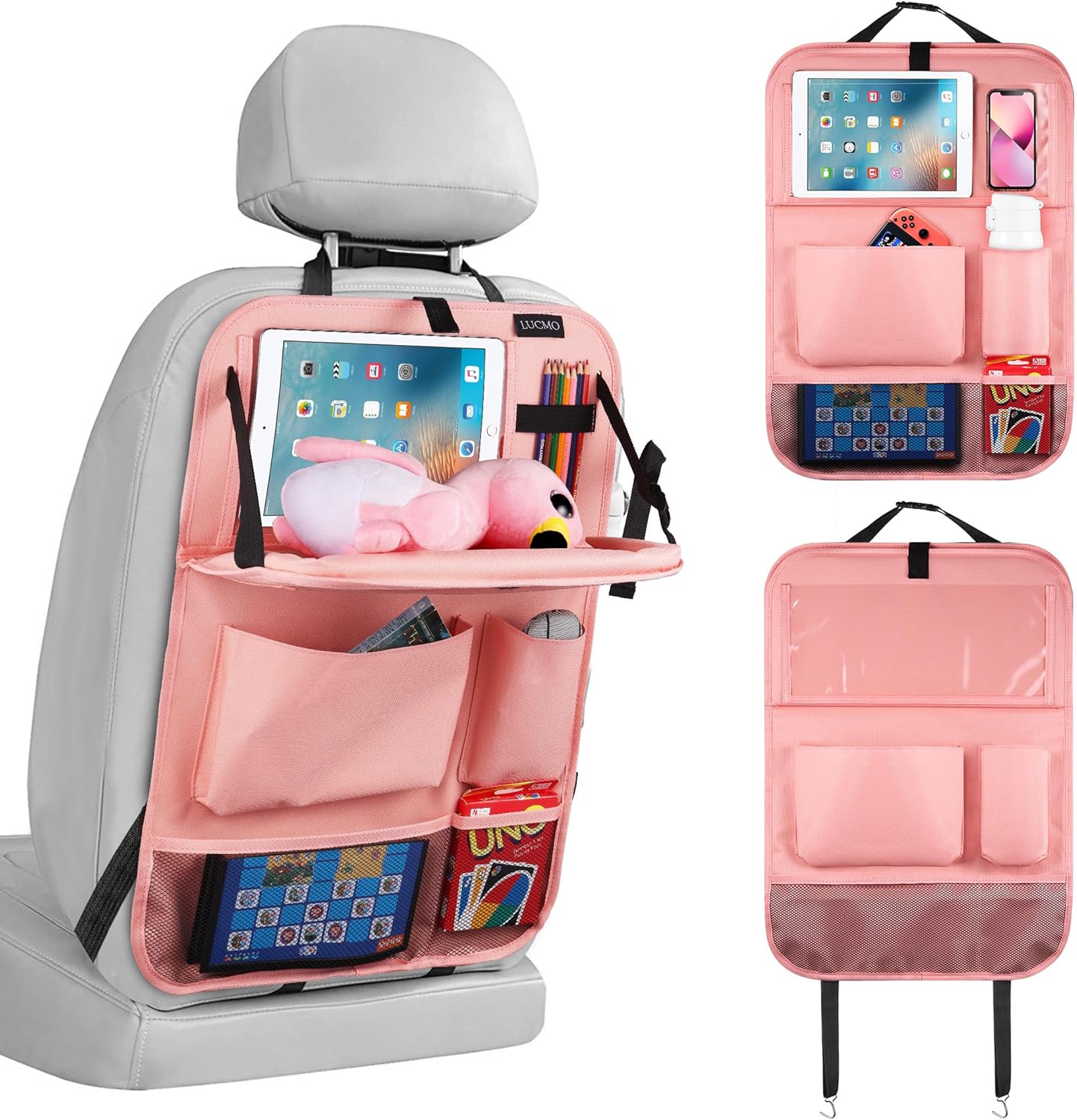 LUCMO Car Backseat Organizer with Tablet Holder,6 Storage Pockets Car Storage Organizer with Foldable Food Tray,Seat Protectors Kick Mats Travel Accessories-Pink
