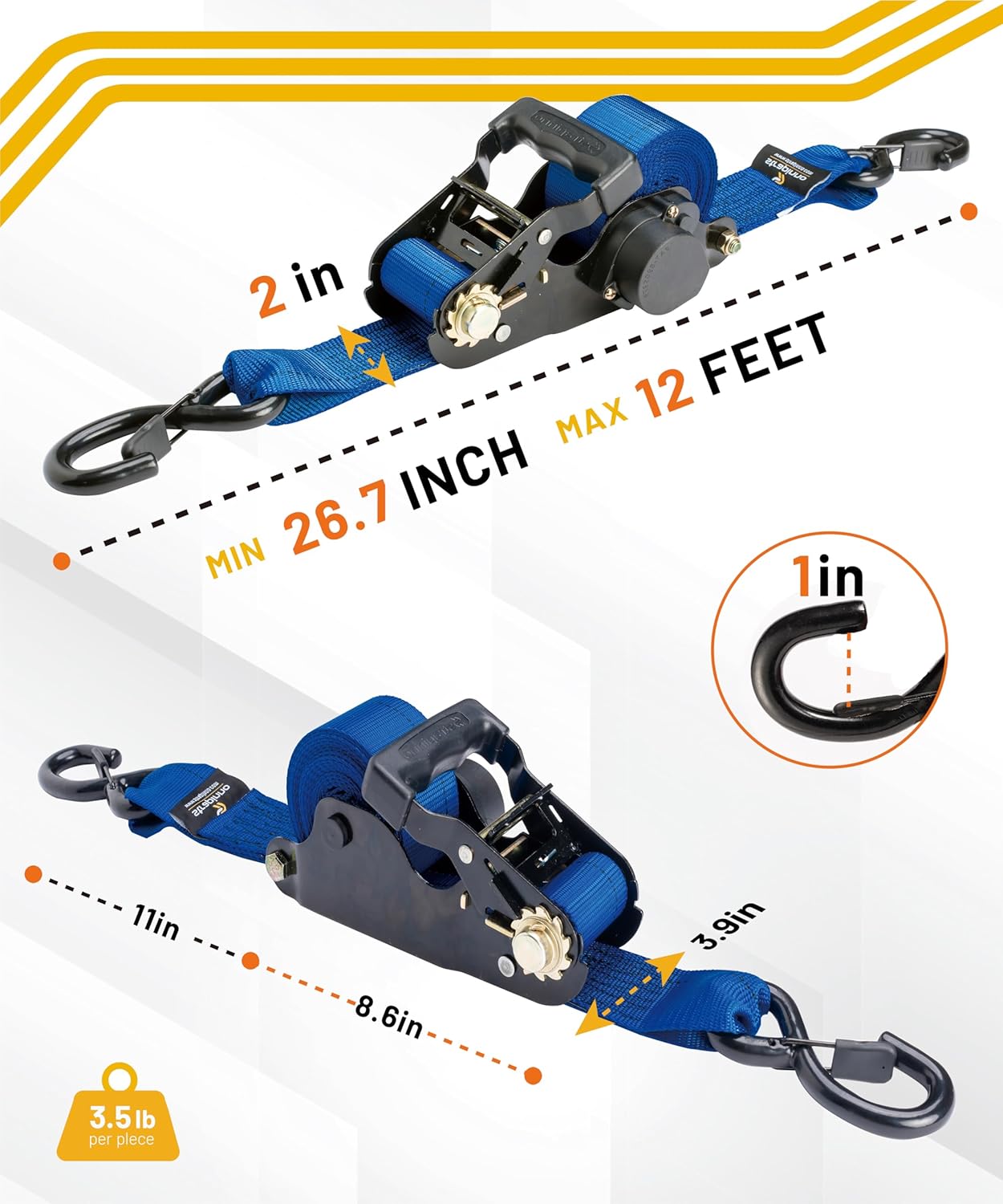 Strapinno 2PCs Retractable Ratchet Tie-Down Straps,5,000 lbs Breaking Strength- 2 in x 12 ft Heavy Duty Ratchet Strap with Safety Lock S Hooks for Motorcycles, ATVs, UTVs, Lawn Equipment & Cargo -Blue