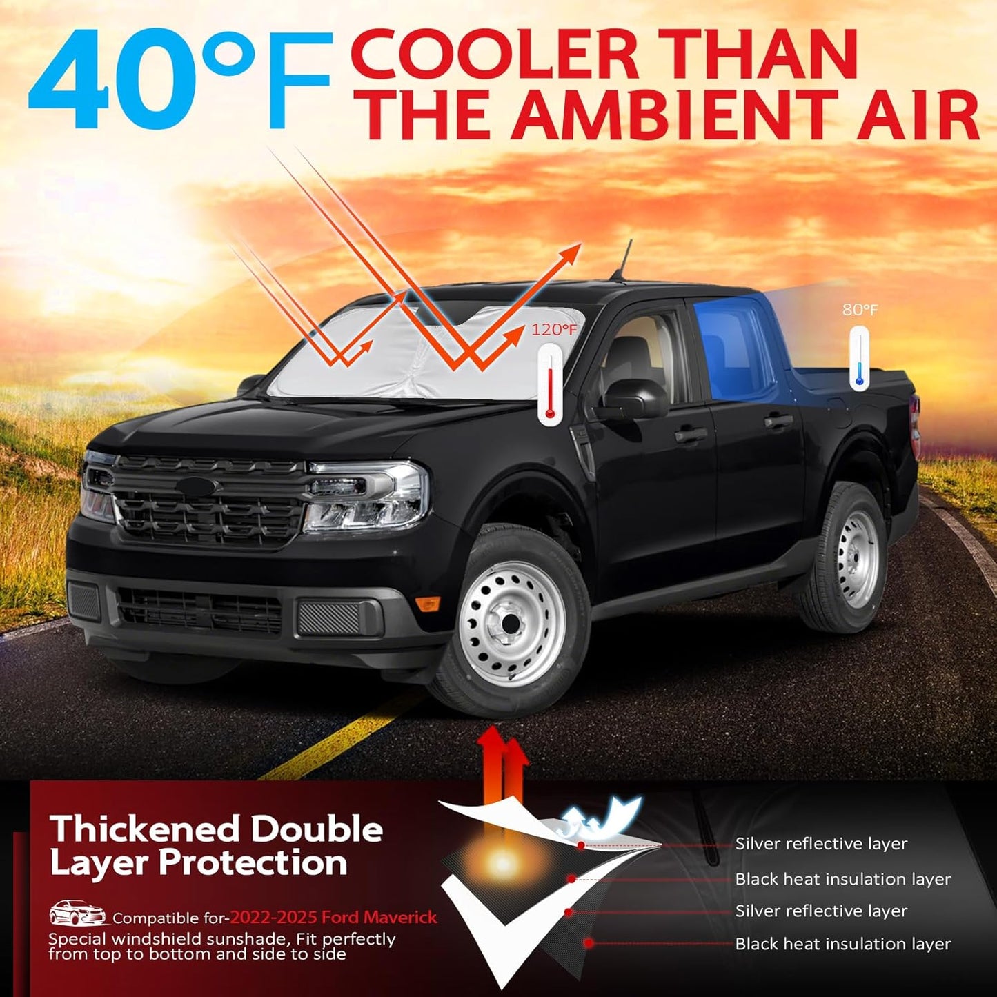 KAYZT Windshield Sun Shade for 2022 2023 2024 2025 Ford Maverick Foldable Sunshade Front Window Custom Fit Car Accessories