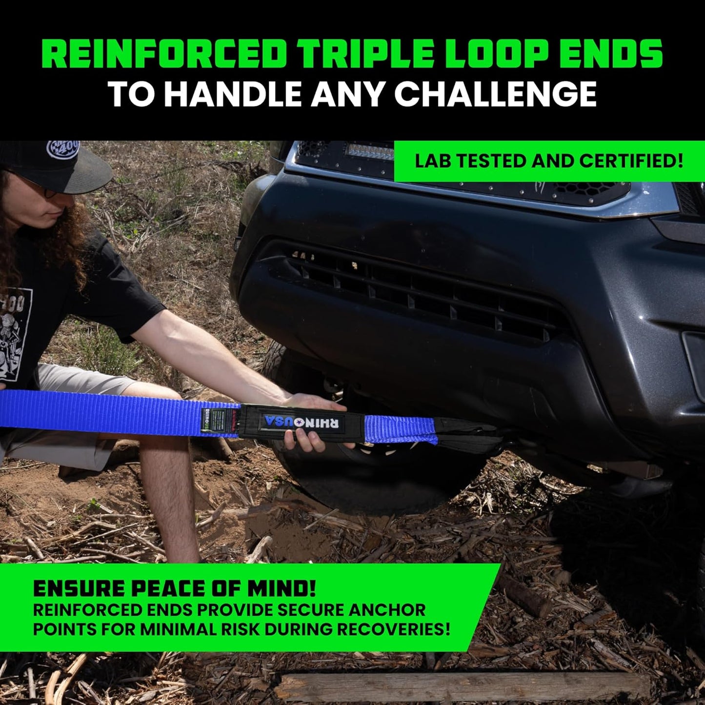 Rhino USA Recovery Tow Strap (3"x30') - 31,518lb Break Strength- Emergency Recovery Strap Tow Rope for Truck, UTV, ATV & More- Heavy Duty Towing Strap for Offroad 4x4 Use - Compatible with Jeep (Blue)