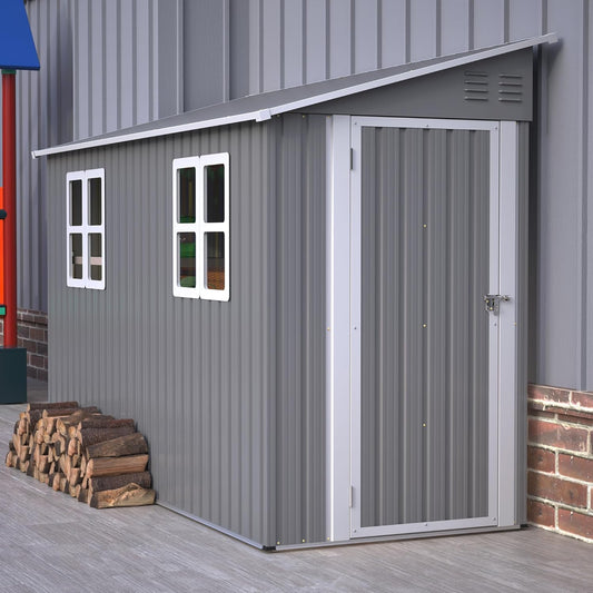 4 x 10 FT Metal Outdoor Storage Shed with Foundation and 2 Windows, Lean to Storage Sheds w/Lockable Door & Air Vents, All Weather Waterproof Garden Tool House for Backyard, Patio, Lawn, Gray