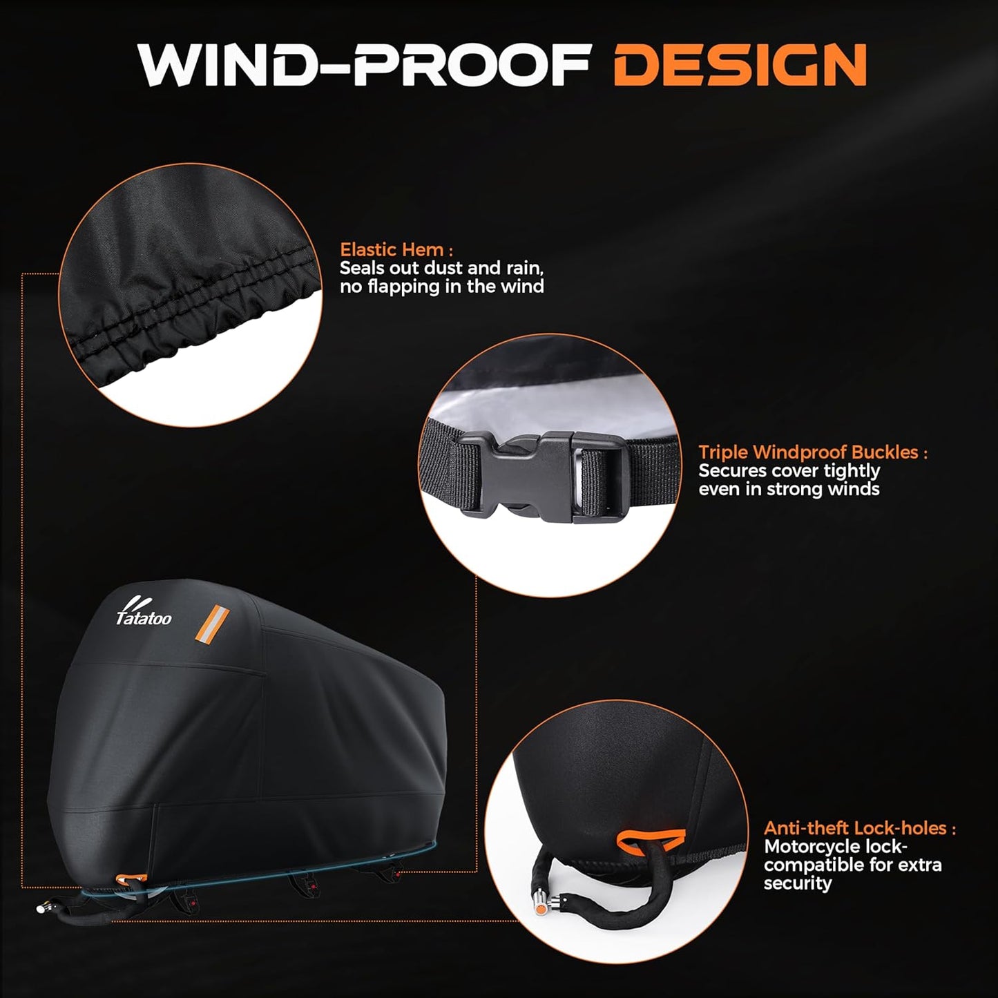 Motorcycle Cover Waterproof Outdoor, 300D Heavy Duty, UV & Rain Resistant, 3 Wind-Resistant Buckles, Dual Lock Holes, Includes Storage Bag, Fits Most Motorcycles up to 104",Black