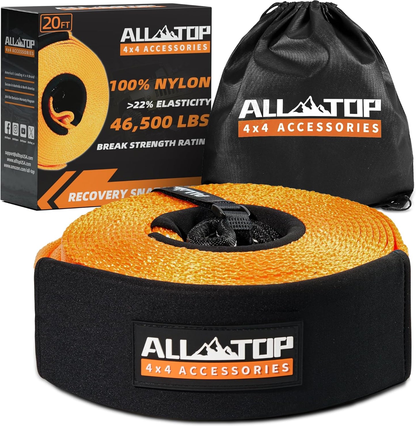 ALL-TOP Recovery Snatch Strap, 4in x 20ft - 46500Lbs, Extreme Duty 100% Nylon Kinetic Towing Recovery Strap with 22% Elongation & Reinforced Loops