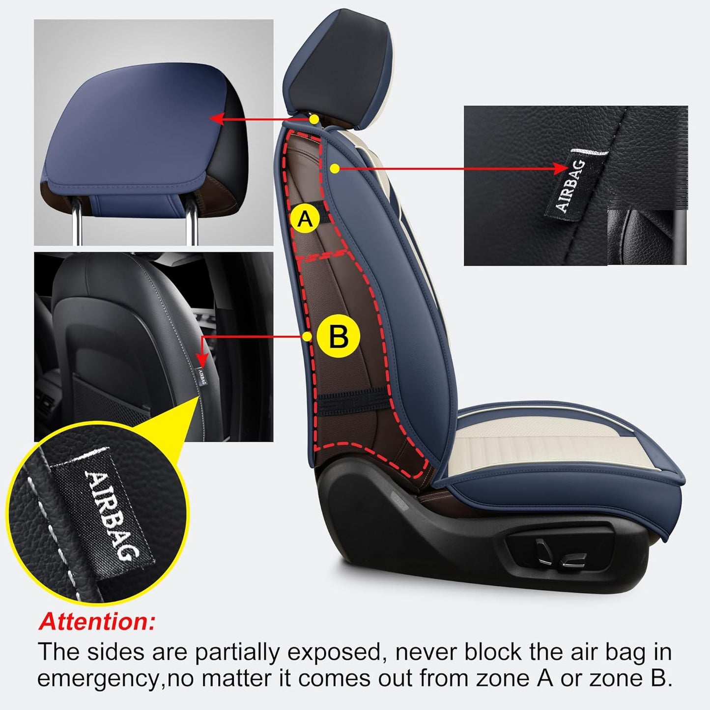 LINGVIDO Car Seat Covers, Breathable and Waterproof Faux Leather Automotive Seat Covers for Cars SUV Truck Sedan,Universal Anti-Slip Seat Cover with Backrest (Full Set, White & Blue)