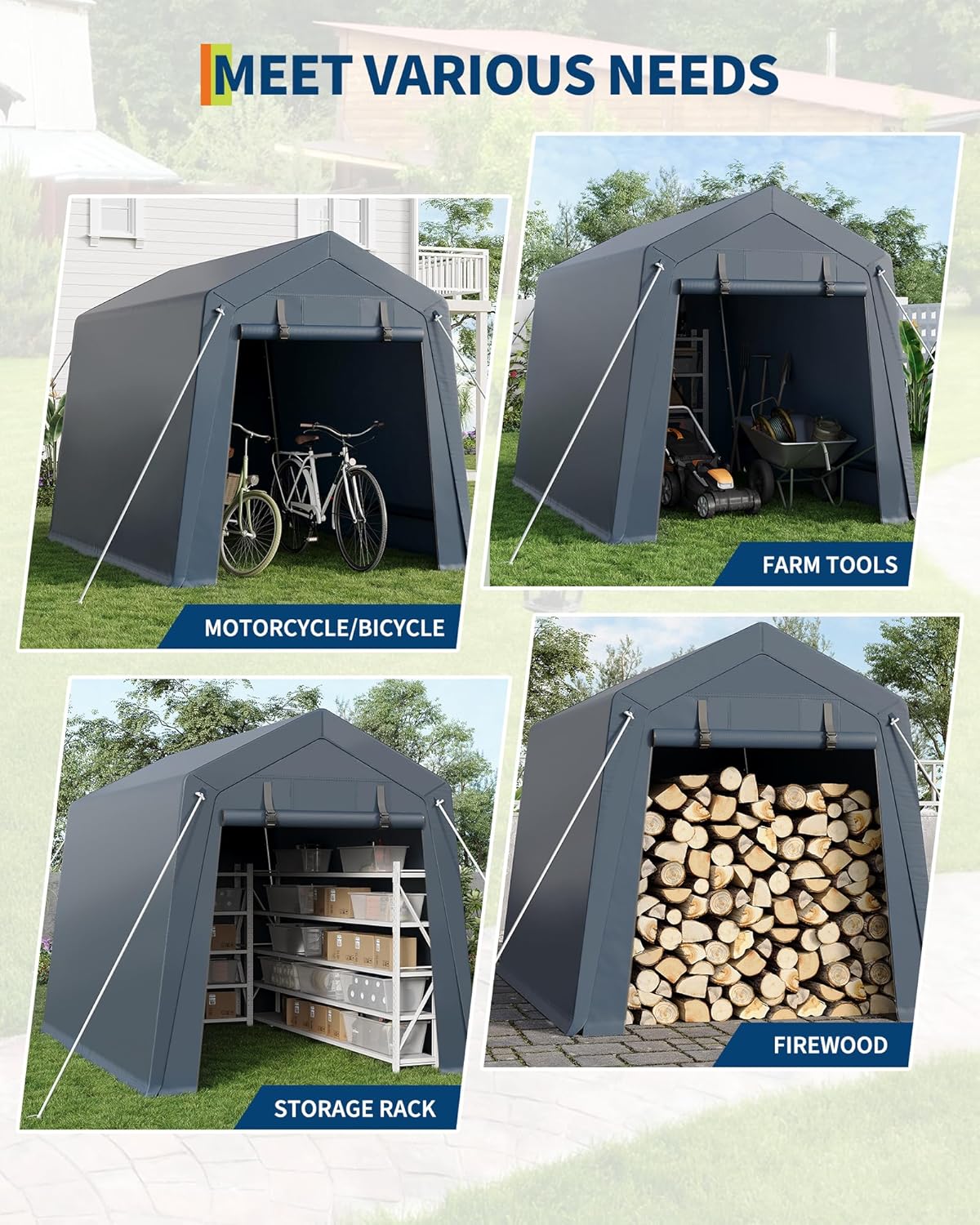 6x6 Ft Carport Heavy Duty Tent with Roll-Up Windows, Portable Garage with Removable Sidewalls & Doors, Car Canopy All-Season Tarp for Car Boat Truck Motorcycle, Grey