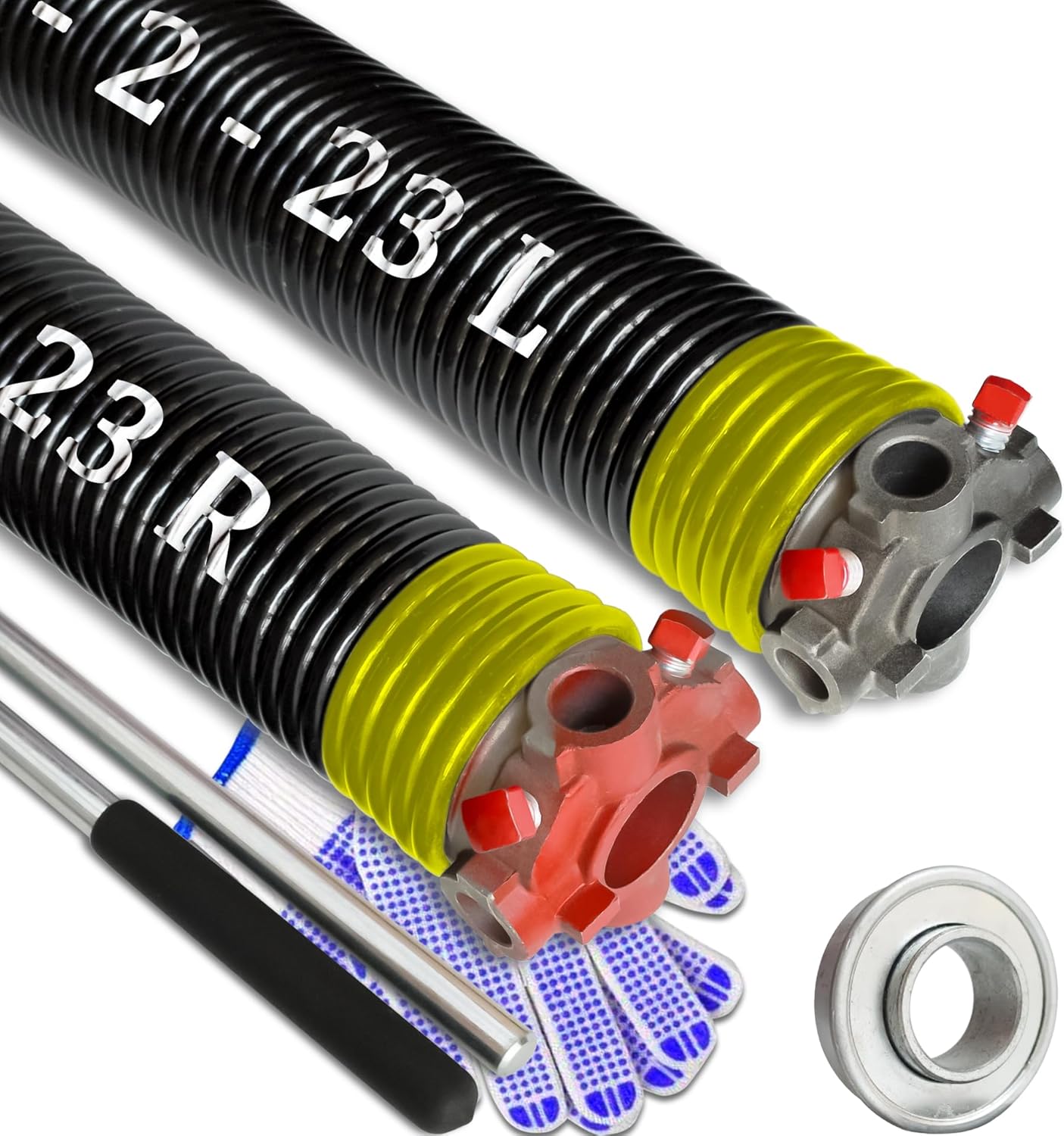 Garage Door Torsion Spring Set, Pair of 2" Electrophoresis Coated Garage Door Springs Replacement with 2 Non-Slip Winding Bars and Bearing, Minimum 16000 Cycles (.207x2x23")