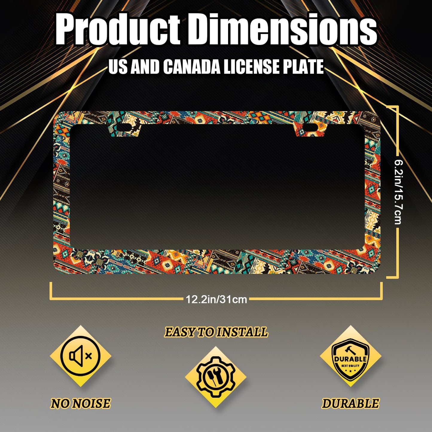 Ethnic Tribal Texture License Plate Frame Boho License Plate Holder Stainless Steel Funny Colorful Car Accessories Decoration 6.3" X 12.3" with 2 Holes Screws