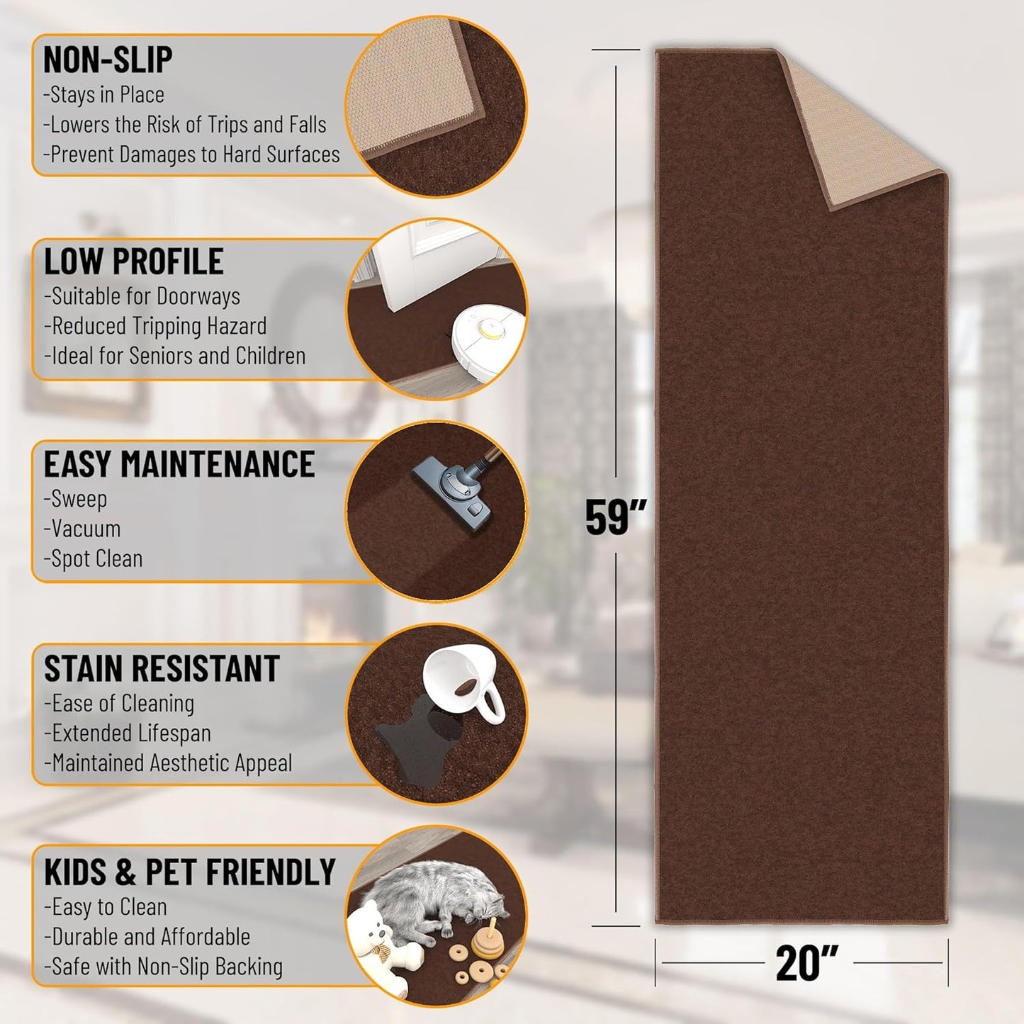 Ottomanson Hallway Runner Rug 20" x 59" Non Slip Solid Area Rugs Easy to Clean Laundry Rug Runner Durable & Pet Friendly Floor Carpet Runners for Hallways Entryway Living Room Kitchen, Brown