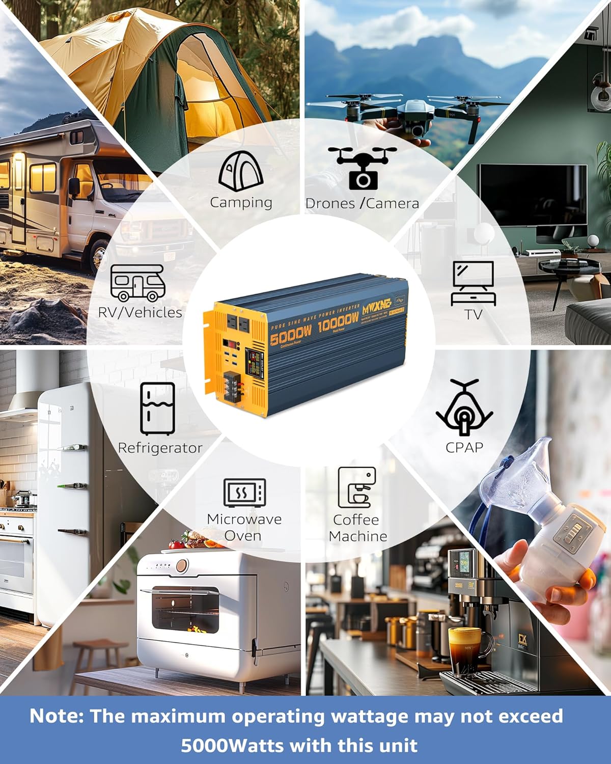 5000 Watt Power Inverter Pure Sine Wave 12V DC to 110V 120V 10000W Peak Heavy Duty Inverter with Remote Control and LED Display, 4 USB/Type-C Ports & 2 AC Outlets Car Charger for Vehicles RV