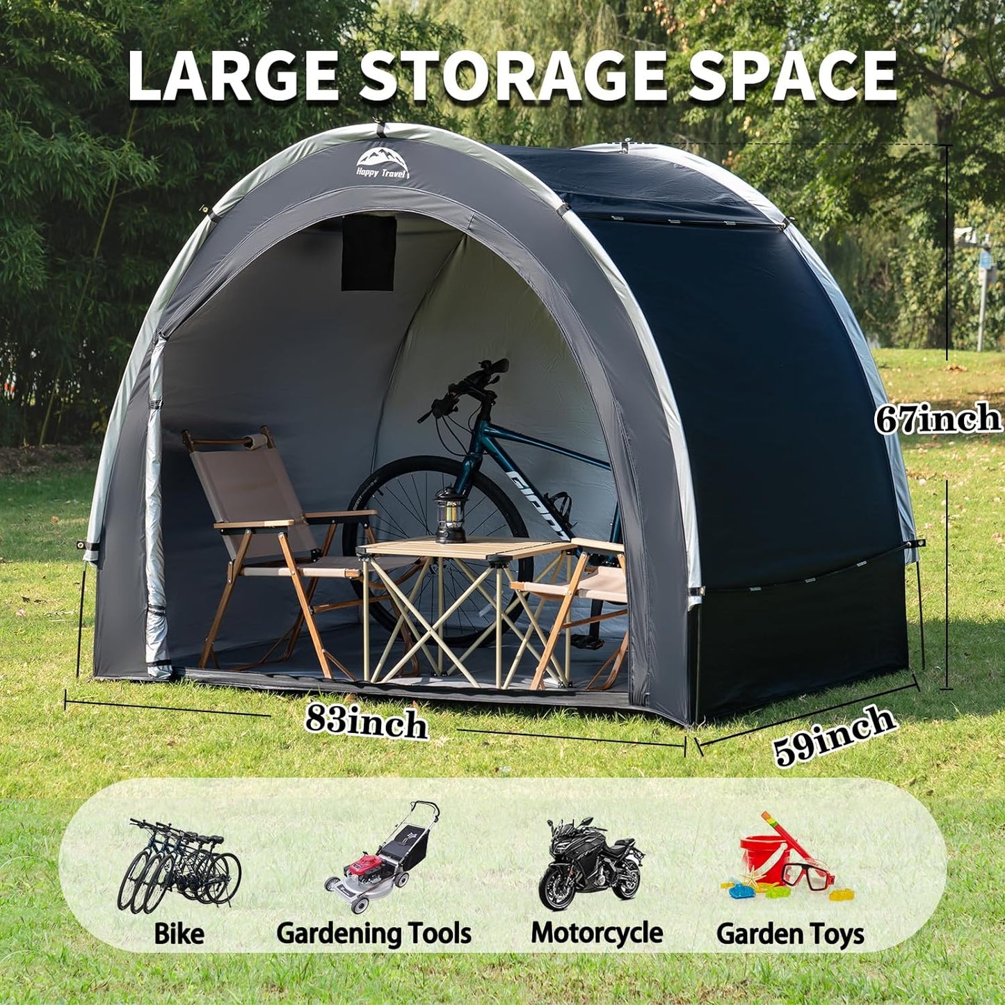 Happy Travel Bike Storage Tent Shed, Outdoor Waterproof Bicycle Covers Shelter with Window for 2/4/6/8 Bikes,Oversized Outside Portable Sheds for Lawn Mower,Garden Tools (Black)