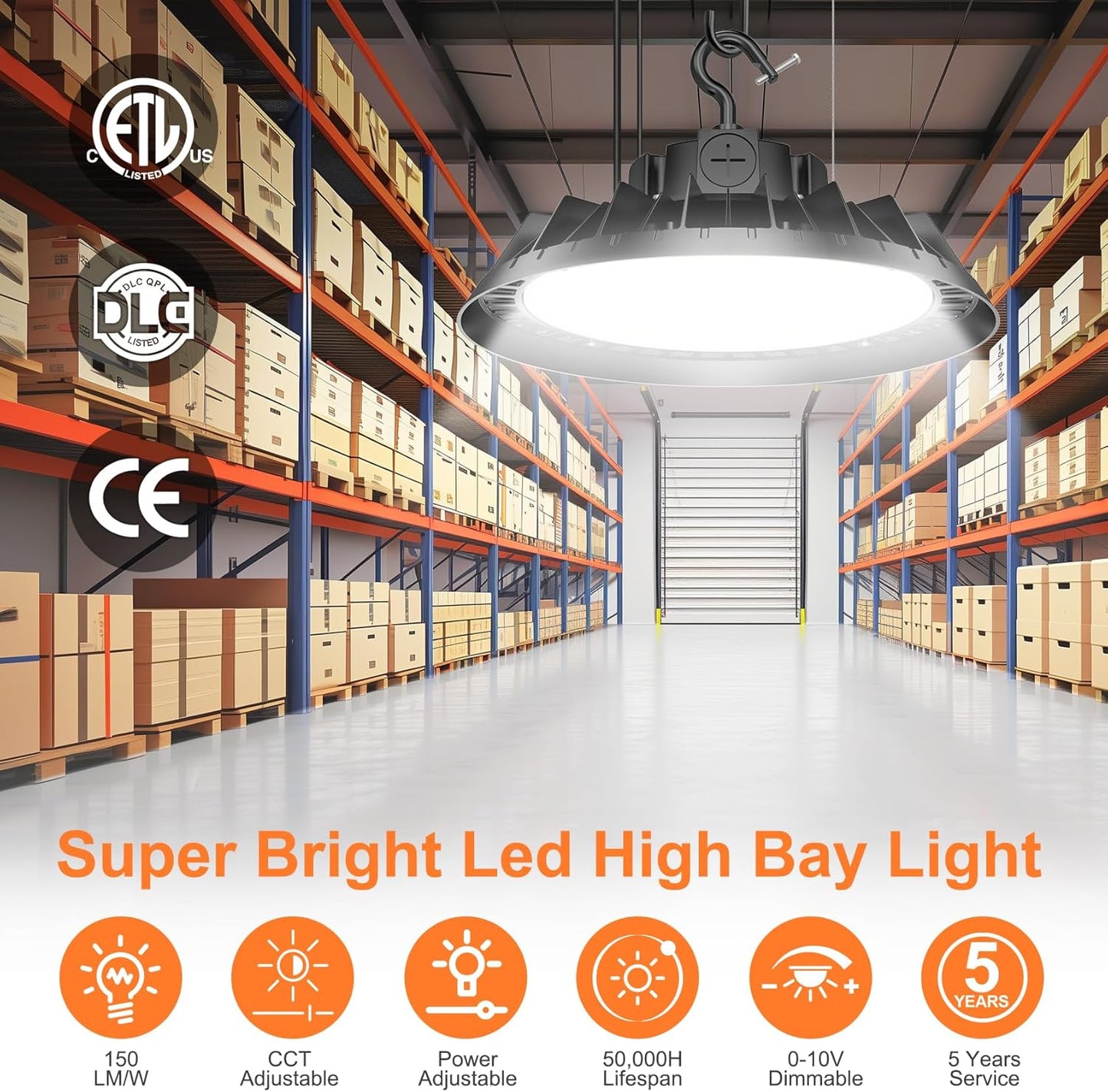 LED High Bay Lights, 240W UFO High Bay LED Shop Lights, 36000LM Adjustable CCT(5700K 5000K 4500K) & Power(240W 200W 150W), 0-10V Dimmable, 5' Cable Plug, IP65 Waterproof, ETL & DLC Listed High Bay