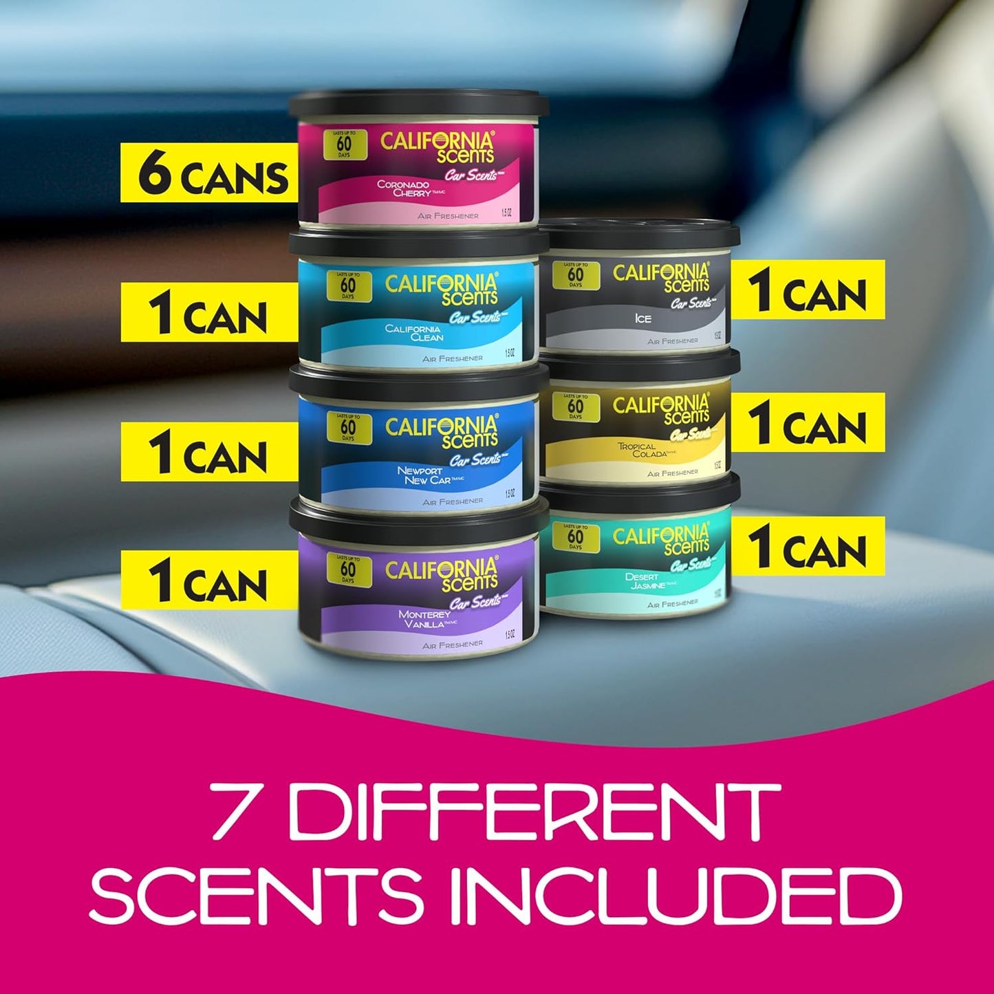 Can Air Freshener and Odor Neutralizer by California Scents, Set of 12 Spillproof Cans for Home and Car, Assorted Scents, 1.5 Oz Each