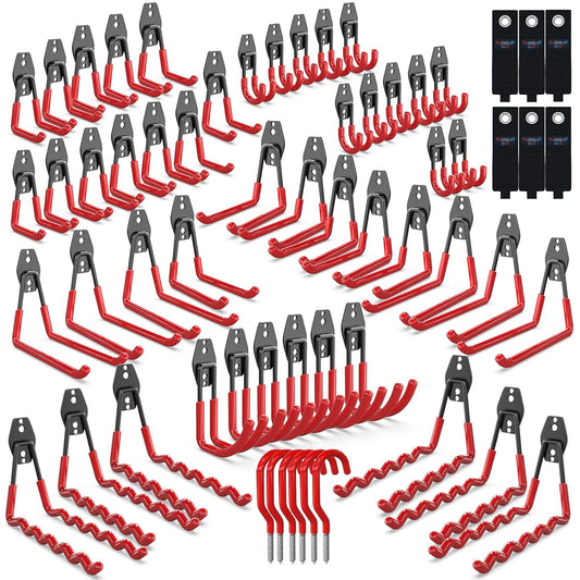 3-H Garage Wall Hooks 60 Pack, Heavy Duty Garage Hooks with Extra Welding Spots, Wall Mount Storage Organizer for Hanging Garden Lawn Tools, Ladder, Bike, WeedEater, Chair, Shovel, Blower (Red)