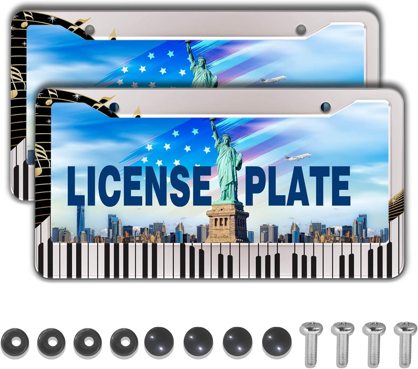 License Plate Bracket Black and White License Plate Frames Beautiful Piano Keys Music Notes Aluminum Metal Car Accessory 2 Pack with Screw Covers Set
