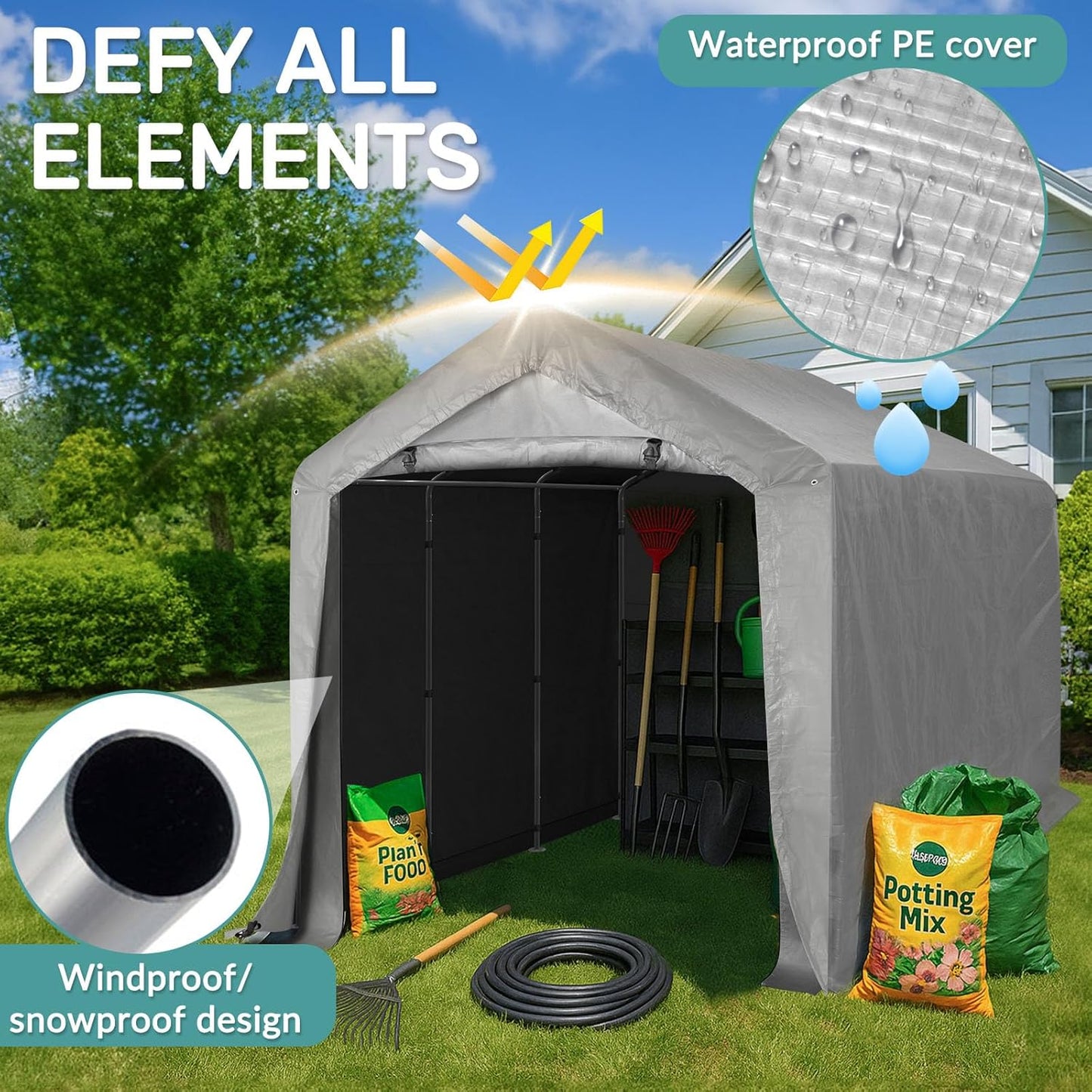 Outvita Outdoor Portable Storage Shed Tent, 8x12 ft Waterproof Carport with Roll-Up Zipper Door and Durable Galvanized Steel Frame, Ideal for Motorcycle, GTV, Bike, Wood Tool Lawn Mower Storage