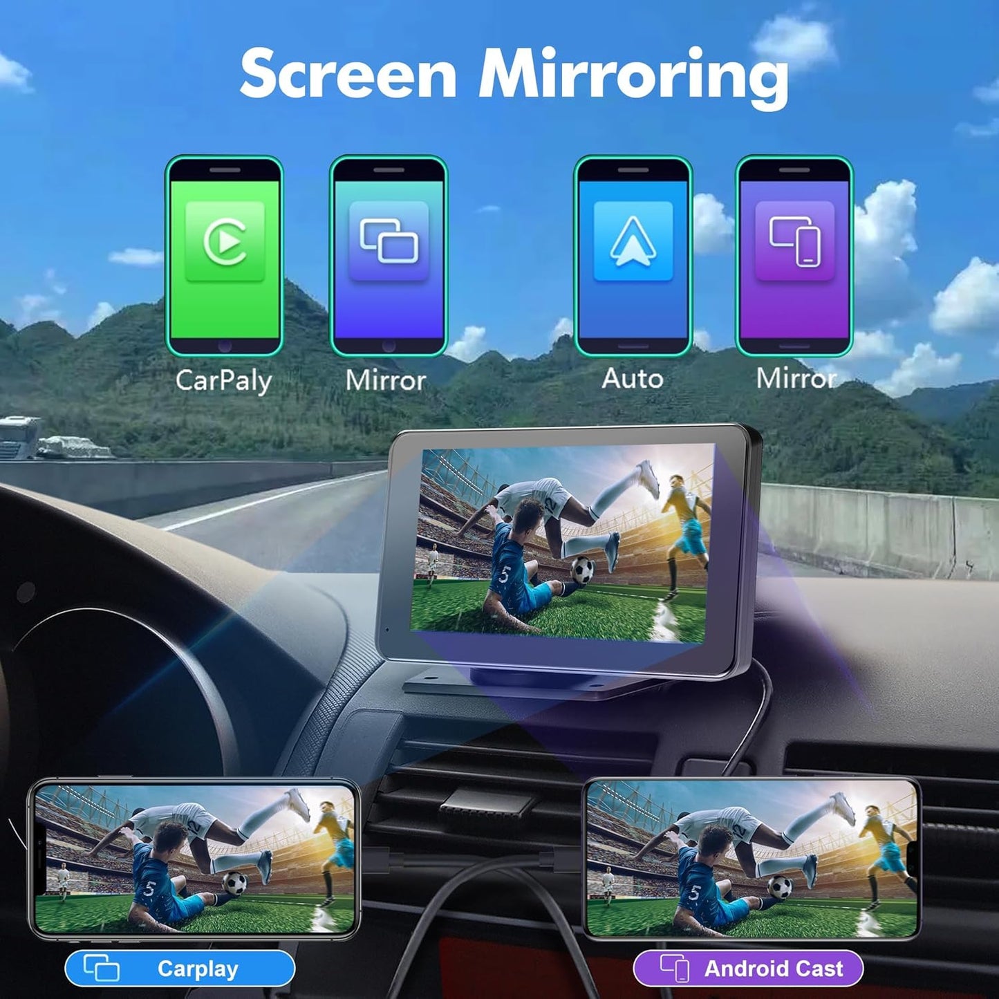 【Hieha】 2025 Wireless Portable Carplay and Android Auto, Carplay Screen for Car with Mirror Link/AUX/FM,7" Touchscreen Bluetooth 5.0, Marine Stereos for All Vehicles
