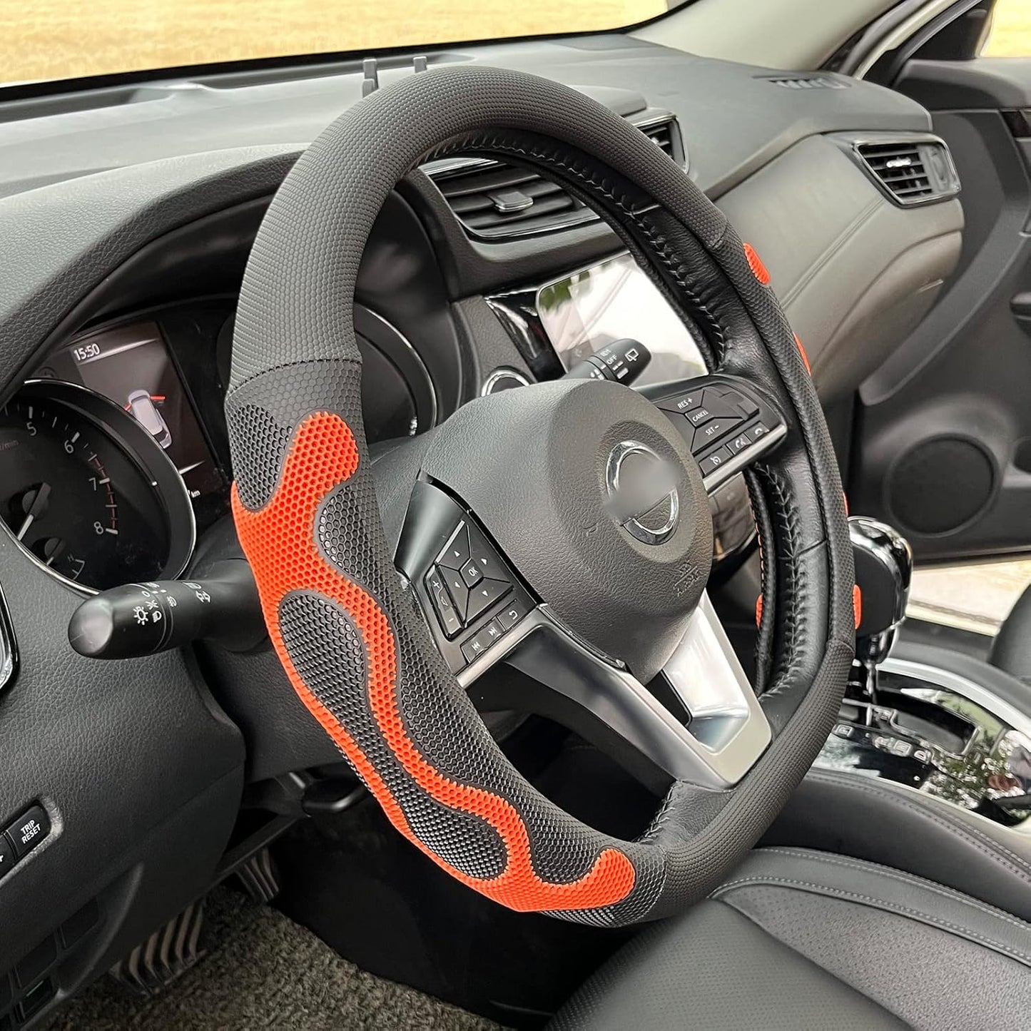 PINCTROT D Shaped Comfy Grip Steering Wheel Cover, Anti-Slip Design, Flat Bottom 14.5-15 Inch(Silicone Orange)