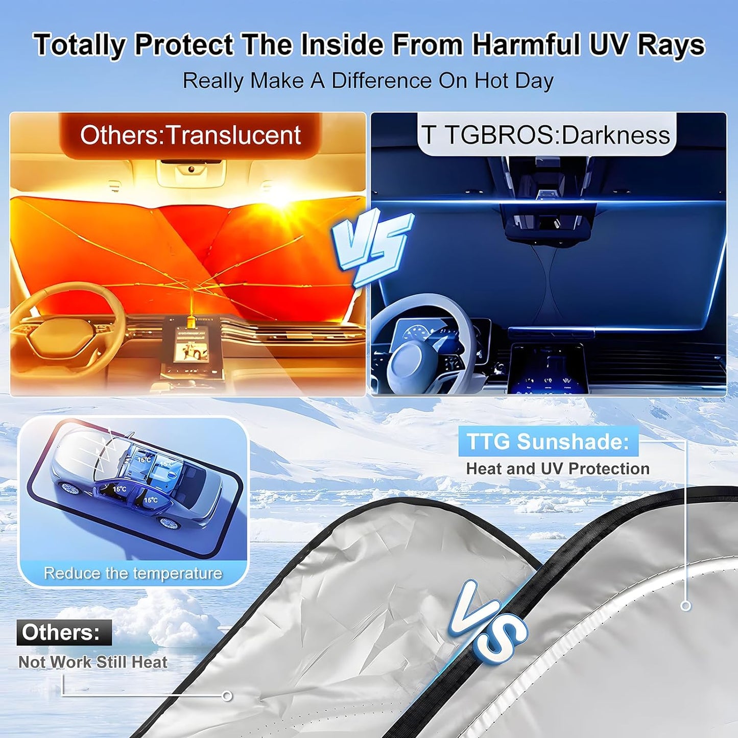 T TGBROS Windshield Sun Shade for Jeep Cherokee 2014-2023 Accessories Foldable Sun Shield Front Window Sunshade Cover Sun Visor Cover Block Heat and Sun Protection(Not for Grand Cherokee)