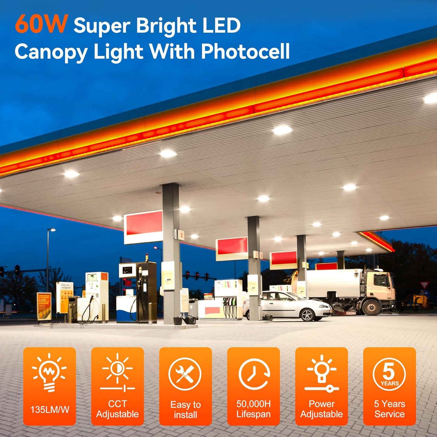 BBESTLED LED Canopy Light with Photocell, 36W 48W 60W Adjustable, ETL&DLC Listed AC100-277V 8100LM 5700K/5000K/4500K Outdoor Canopy Lights, IP65 Waterproof Commercial Canopy Light for Gas Station