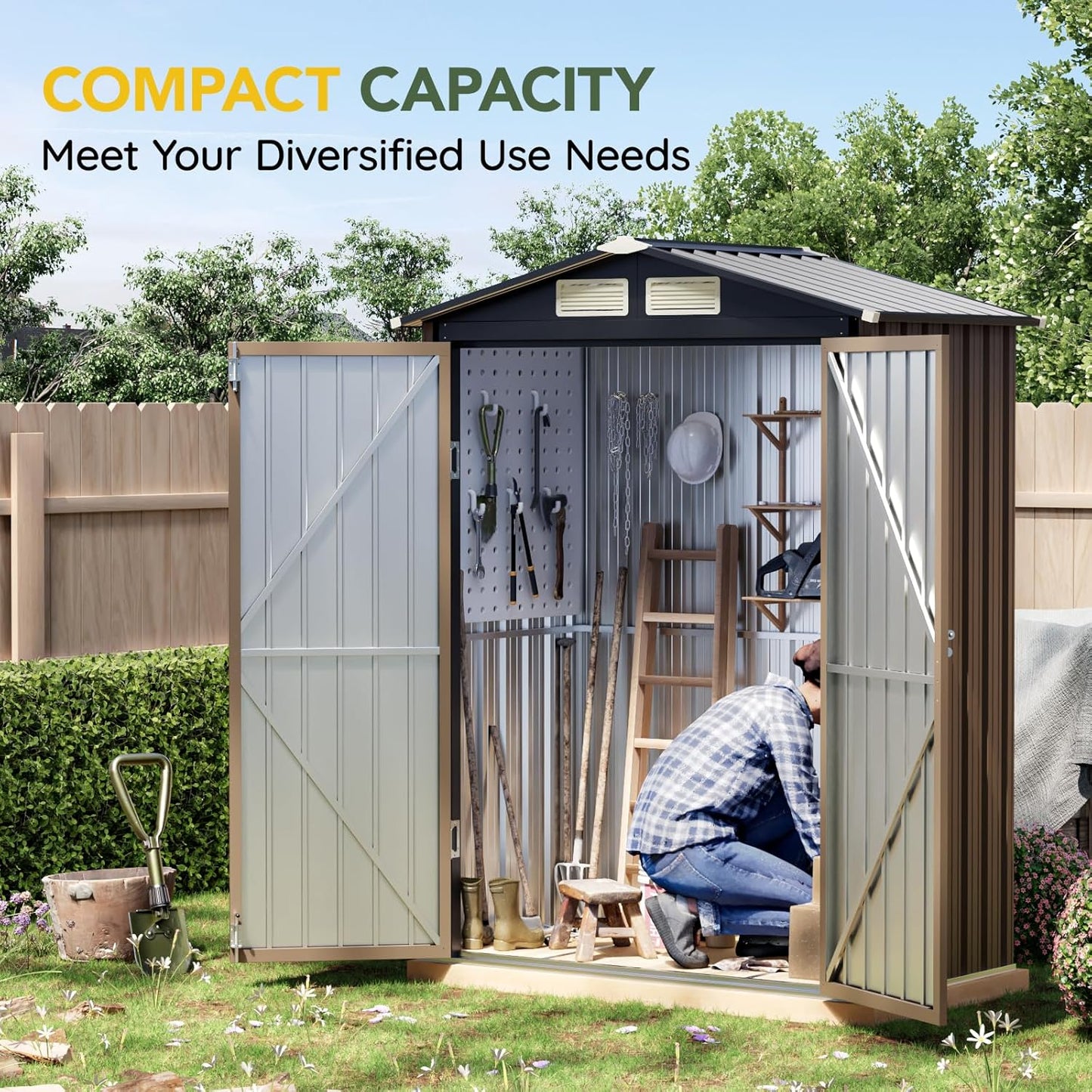 5x3FT Outdoor Steel Storage Shed with Floor Frame, Lockable Doors, Compact Metal Tool Shed for Garden, Backyard, Patio, Utility, and Bike Storage,Brown