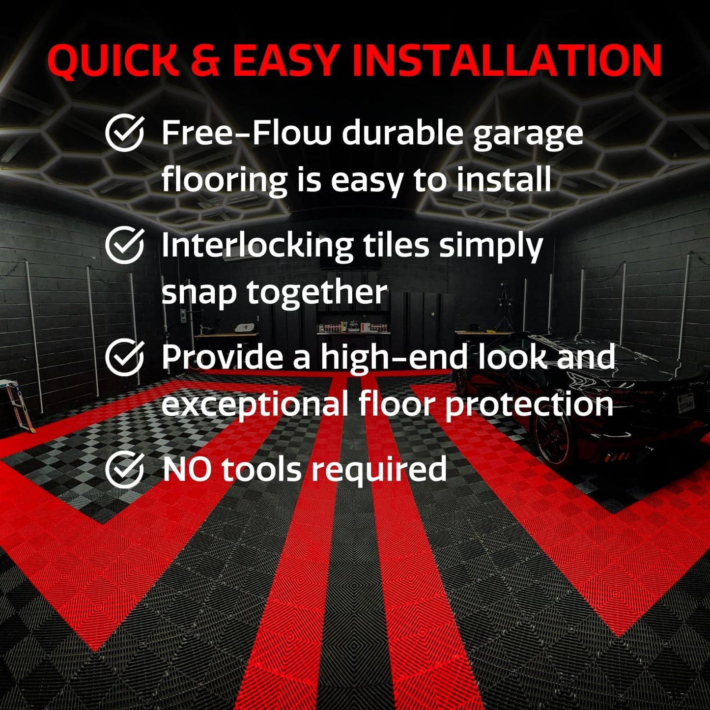 Big Floors RaceDeck Free-Flow Interlocking Garage Flooring Tiles, Non-Slip, Self-Draining, Heavy-Duty, High-Impact Copolymer, Easy Install (Black, 48 Pack of 12 x 12" Tiles)