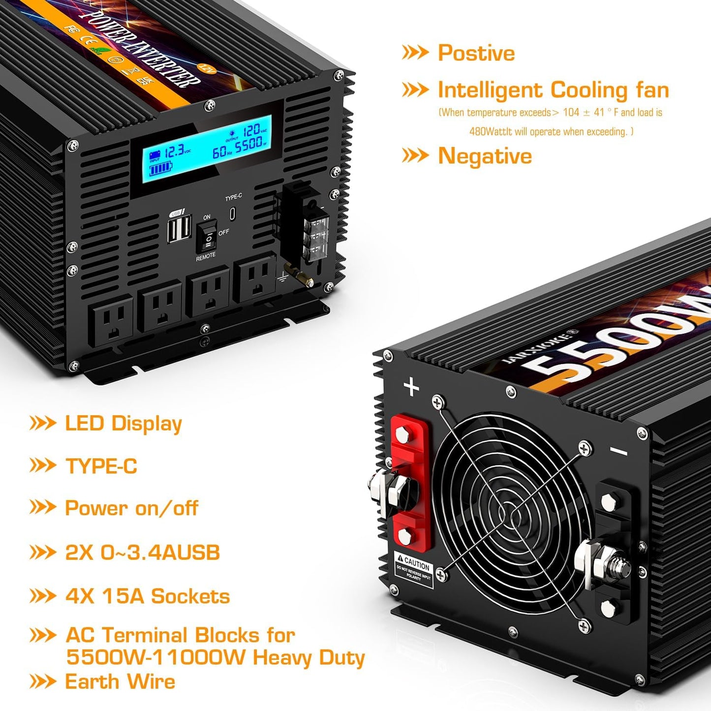 5500 Watt Power Inverter 12V DC to 110V 120V Converter for Family RV Off Grid Solar System Car with Type-C Ports 3 AC Power Outlets Dual USB Ports LCD Display Wireless Remote Control