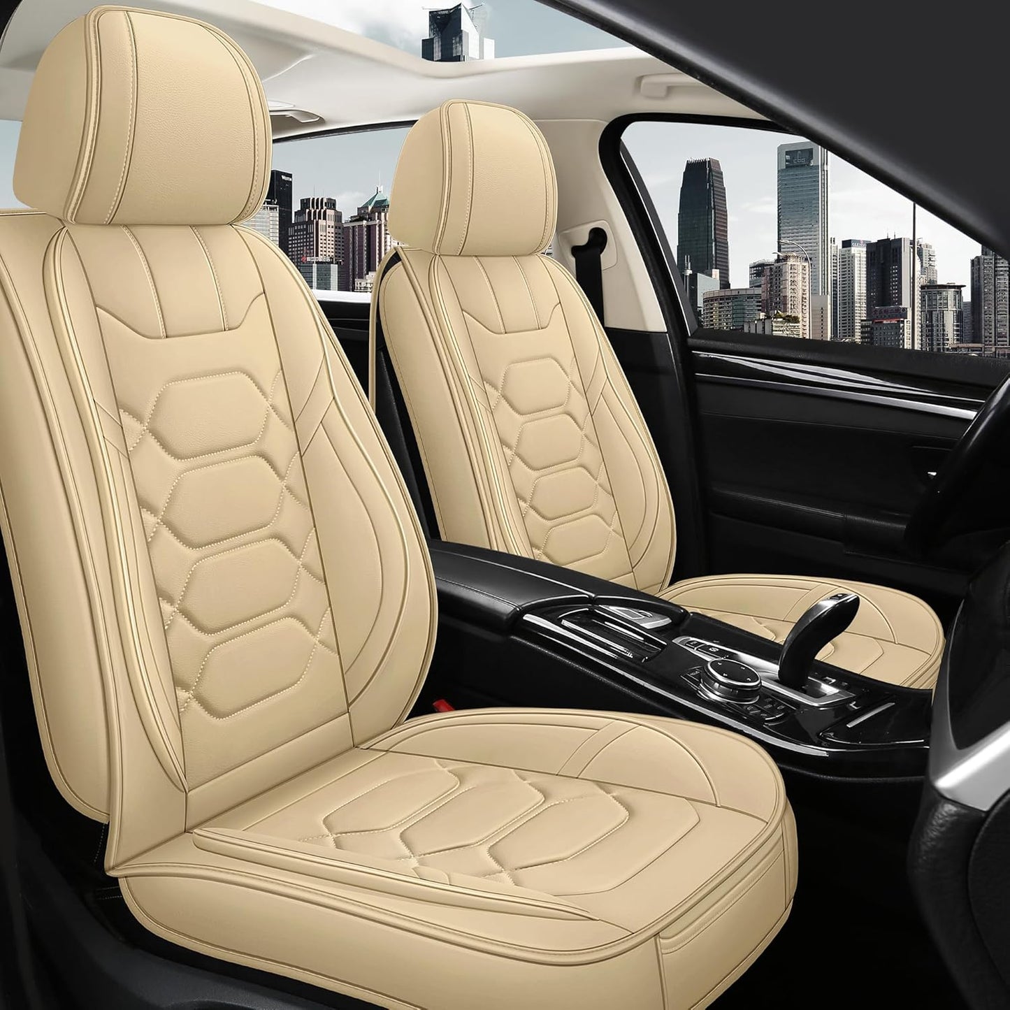 Pariitadin Leather Car Seat Covers Full Set, Waterproof Breathable Faux Leather Automotive Seat Covers for Cars, Non-Slip Car Interior Covers Universal Fit Most Cars Sedans Trucks SUVs, Beige