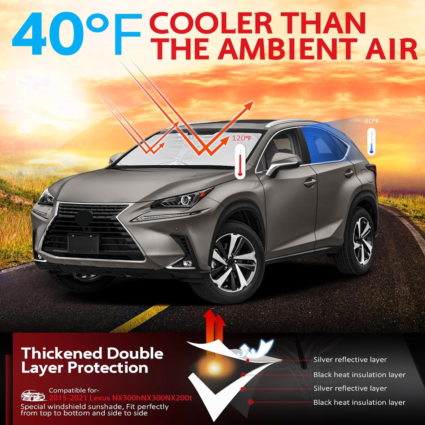 KAYZT Windshield Sun Shade for 2015-2021 Lexus NX NX300h/NX300/NX200t Foldable Sunshade Front Window Custom Fit Car Accessories