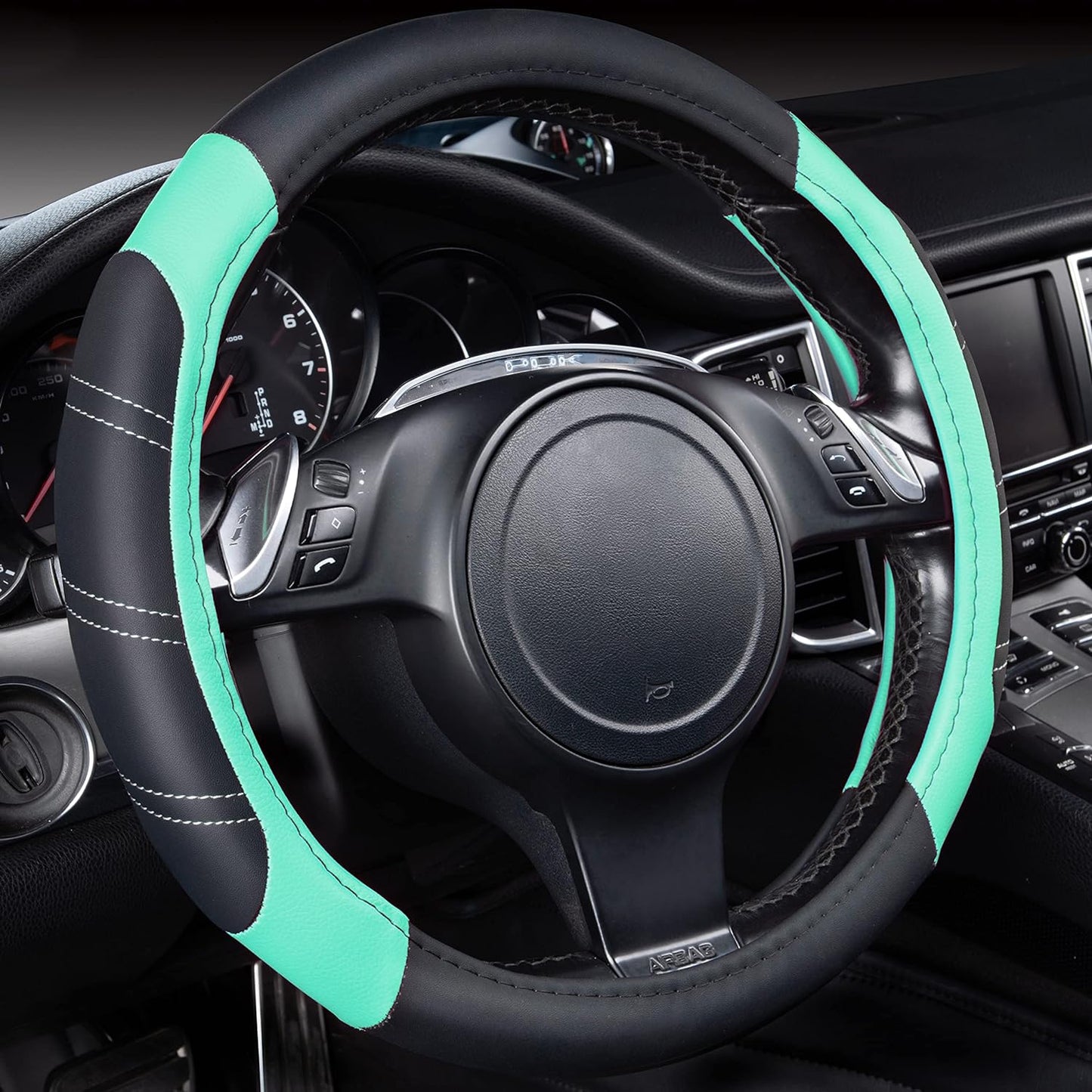 CAR PASS Line Rider Microfiber Leather Sporty Steering Wheel Cover Universal Fits for 95% Truck,SUV,Cars, 14.5-15 inch Anti-Slip Safety Comfortable Design (Black Mint Blue)