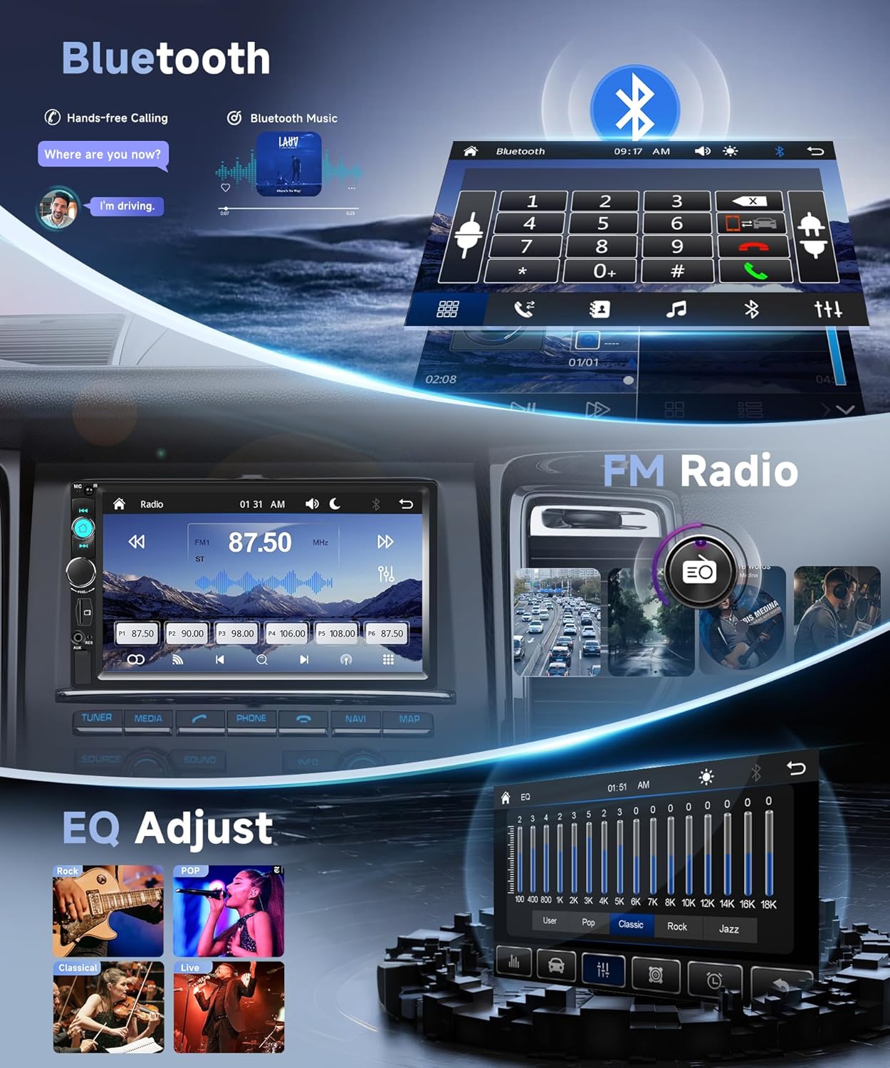 Double Din Car Radio with Bluetooth iOS/Android Mirror Link, 7 Inch Touch Screen Car Stereo 2 Din with Backup Camera Bluetooth Hands-Free FM Radio USB EQ AUX TF Steering Wheel Control