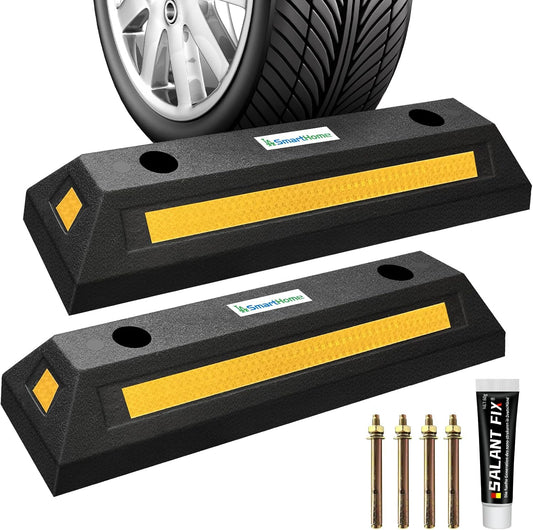 Car Parking Stopper – 2PCs Heavy Duty Rubber Curb Car Stop for Garage and Driveway, Parking Aid, 18” Tire Wheel Stop for Cars, Vans, Trucks – Prevents Hitting Wall or Barrier – Easy Installation