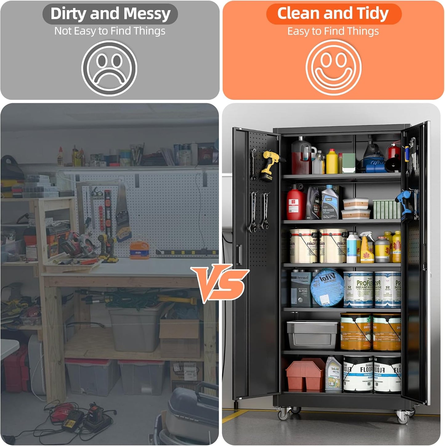 71" H×32" W×16" D Garage Storage Cabinet with Wheels, Locking Metal Storage Cabinet with 5 Adjustable Shelves, 4 Hooks and Pegboard for Garage, Home Office, Kitchen, Black, Assembly Required