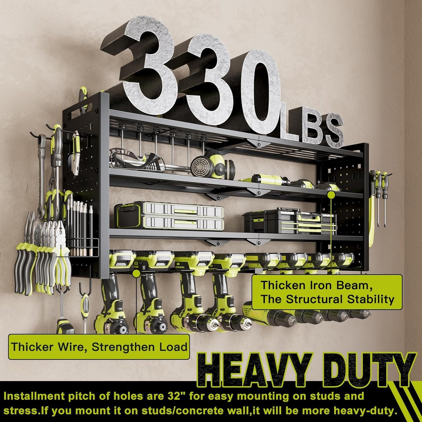 Power Tool Organizer Wall Mount,Cordless Drill Organizer,4 Layers Large Capacity Tool Rack with 8 Drill Holders (BLACK)