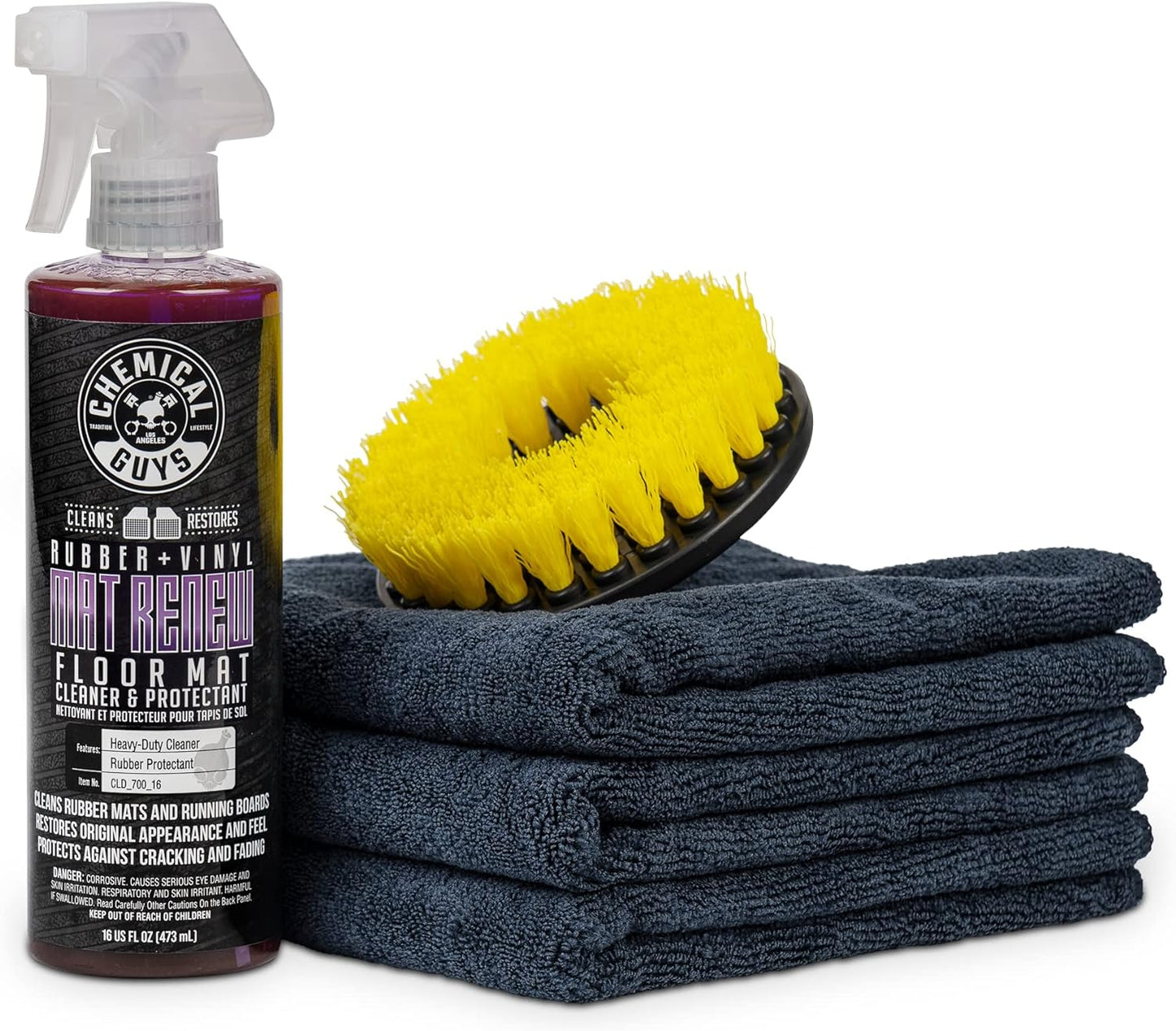 Chemical Guys HOL70016 Heavy Duty Floor Mat Cleaning Kit with Mat Renew Rubber + Vinyl Floor Mat cleaner and Protectant (16 fl oz), Drill Brush Attachment, & Workhorse Towels, 5 Item Kit