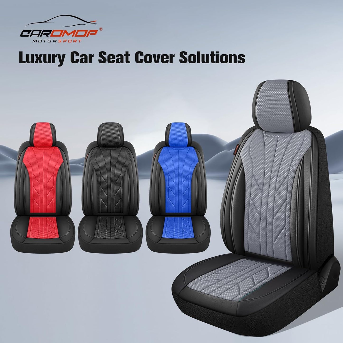 CAROMOP Luxury Faux Leather&Fabric Car Seat Covers 2 Front Seats with Breathable 3D Foam Back Support, Universal Seat Covers for Cars,Trucks,SUVs, Front Armrests Compatible(Black/Grey)