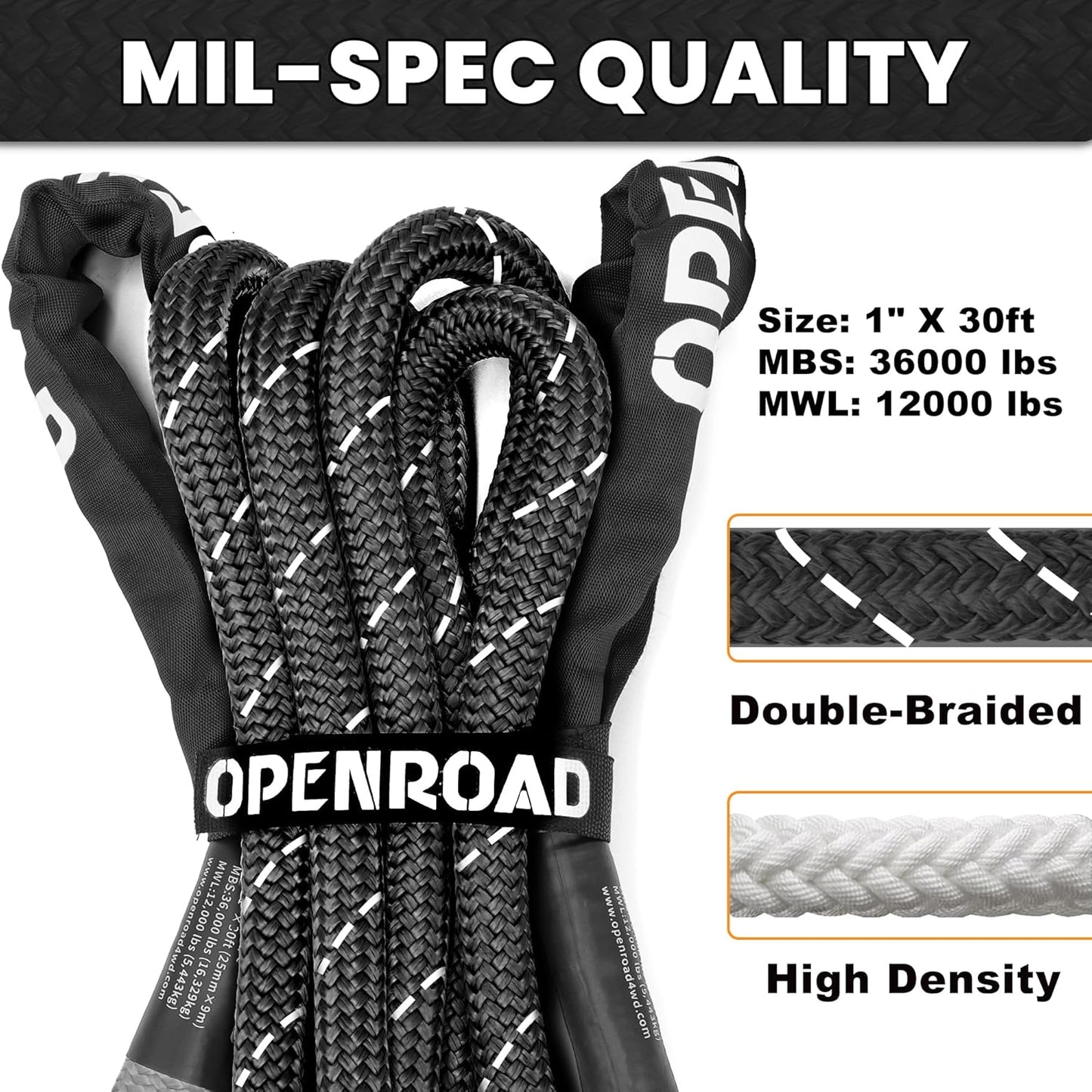 OPENROAD Kinetic Recovery Tow Rope, 36000 Lbs (1in x 30ft with Soft Shackle) Extreme Duty 35% Elasticity Energy Offroad Snatch Strap, Vehicle Recovery Kit for Jeep Car Truck ATV UTV SUV