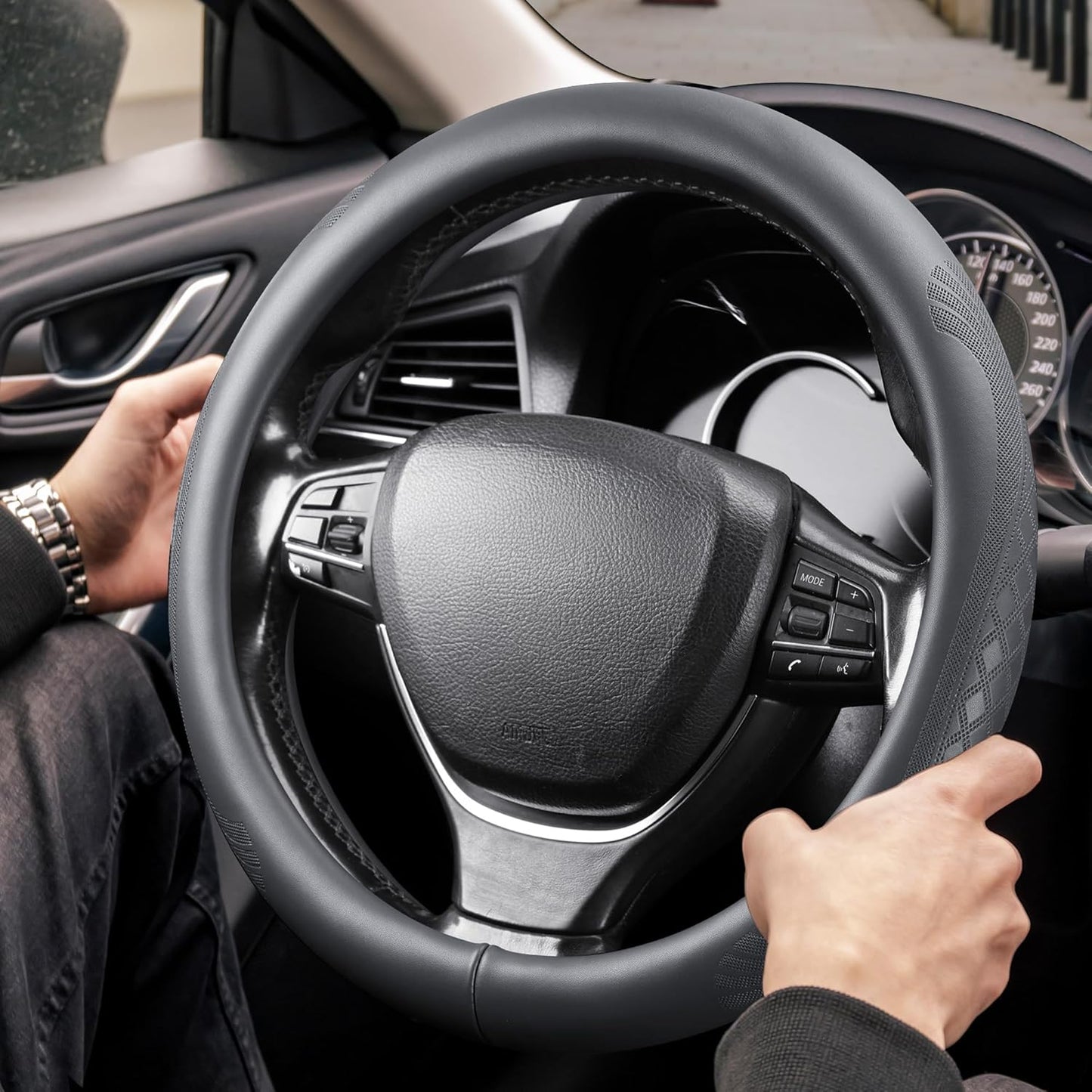 【2025 Model】 Real Cowhide Steering Wheel Cover for Men Women，Gray Genuine Leather Steering Wheel Cover for Cars,Universal 14.5-15 inch Steering Wheels,Grid & Square Motif