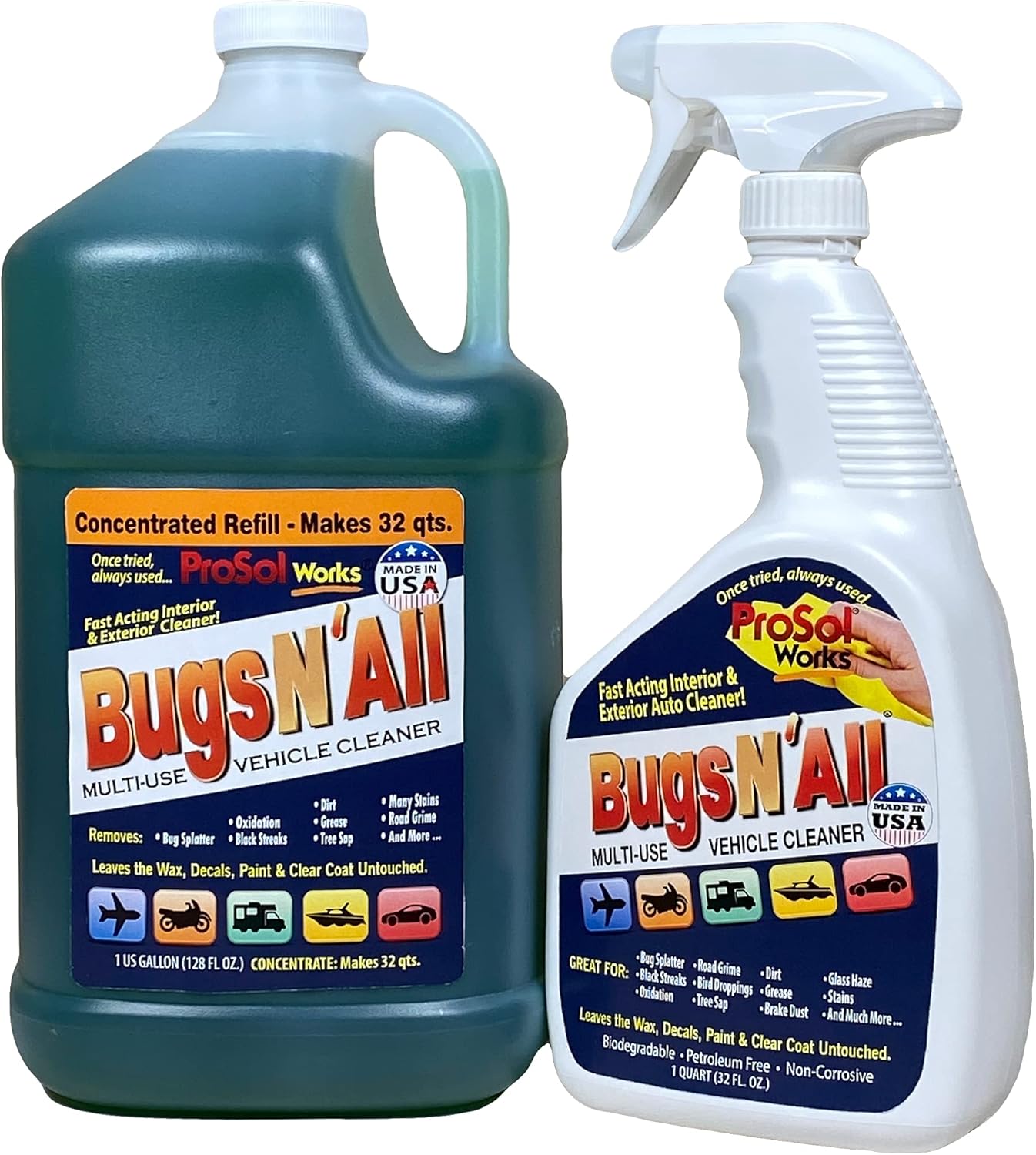 Bugs N’ All Multipurpose Car Cleaner & Degreaser - Bug & Tar Remover Concentrate 1 Gallon - Exterior Cleaner Safe for Car Paint, Metal, Chrome, Aluminum, Windows & Mirrors - w/Free 32 oz Spray Bottle
