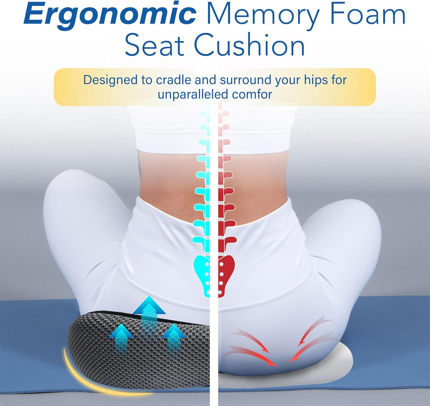 Car Seat Cushion, Ergonomic Memory Foam Car Cushion for Sciatica Pain Relief, Larger Driving Seat Pillow for Short Drivers on Long Drives - Butt Pillow for Truck, Office, Wheelchair - Black&Gray