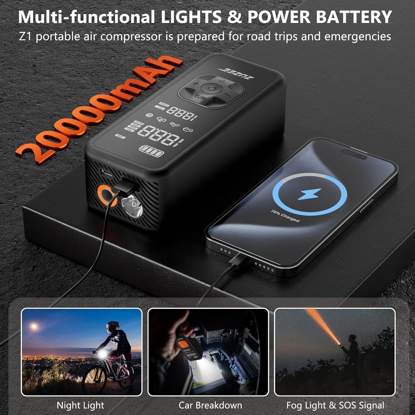 Tire Inflator Portable Air Compressor - 4X Faster Inflation, 150PSI Air Pump for Car Tires with Digital Pressure Gauge/LED Light, 20000mAh Portable Tire Inflator for Car, Moto, Bike, Ball, etc(Black)