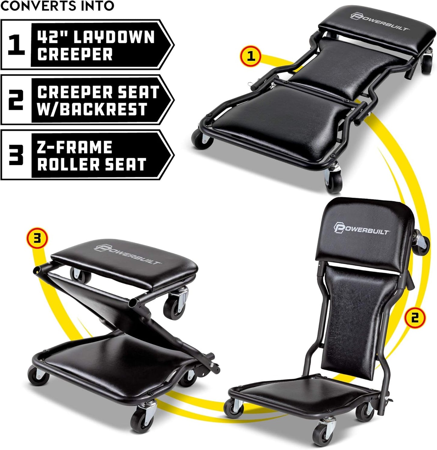 Powerbuilt 42-Inch Triplex Folding Creeper, Rolling Seat, and Brake Stool, All-in-One Adjustable Roller Garage Chair, Lay Down or Sit, Black 620469