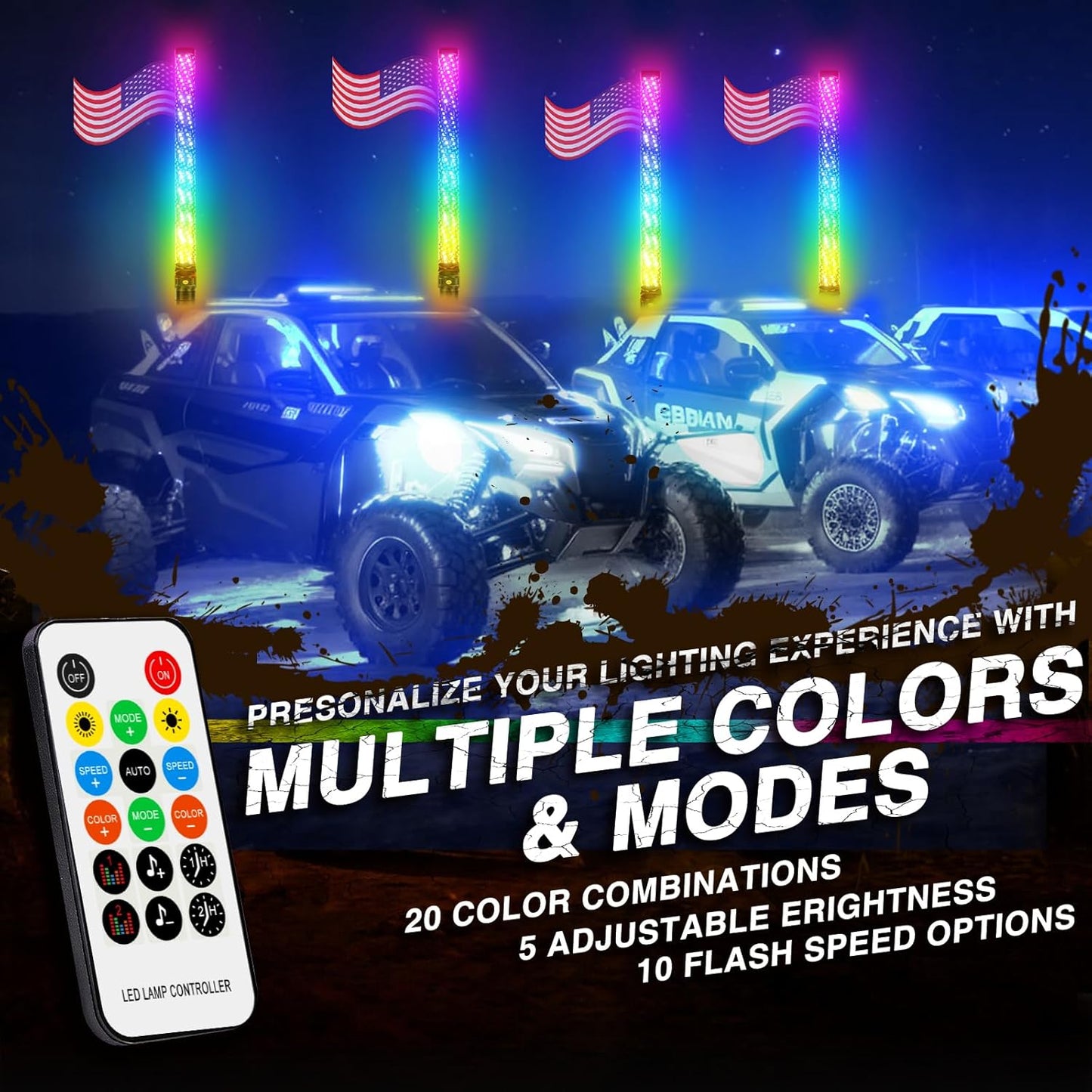 DREAMIZER 2PCS 2FT Fat Whip Lights 360°Spiral Chase Offroad Warning Lighted Antenna LED Whips Side by Side with Turn Signal Brake Reserving Lights for UTV ATV RZR Can-Am SXS Polaris Offroad Truck
